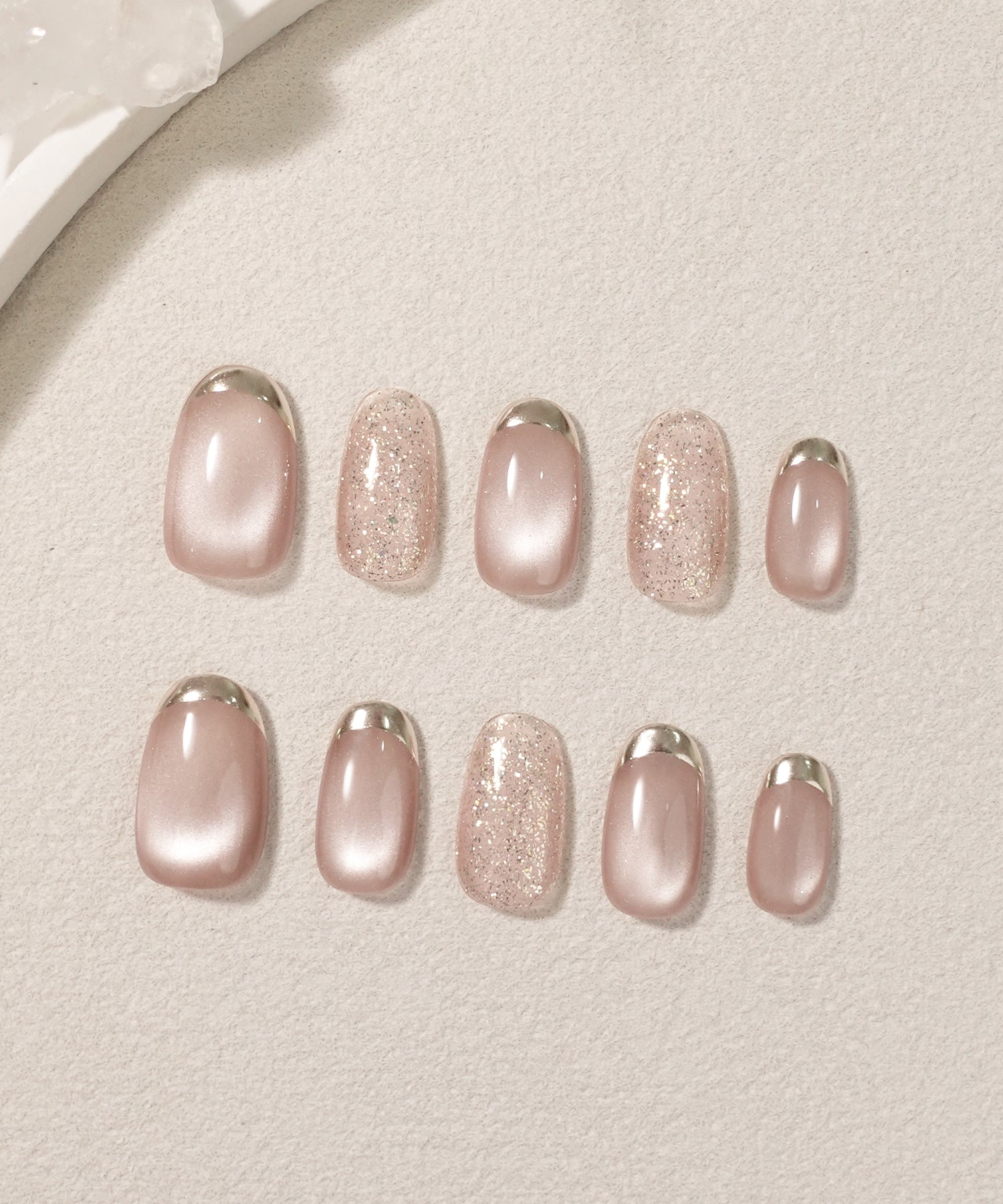 【当日発送】水光ネイルピンクマグネットシルバーミラーフレンチラメオーバルネイルチップ