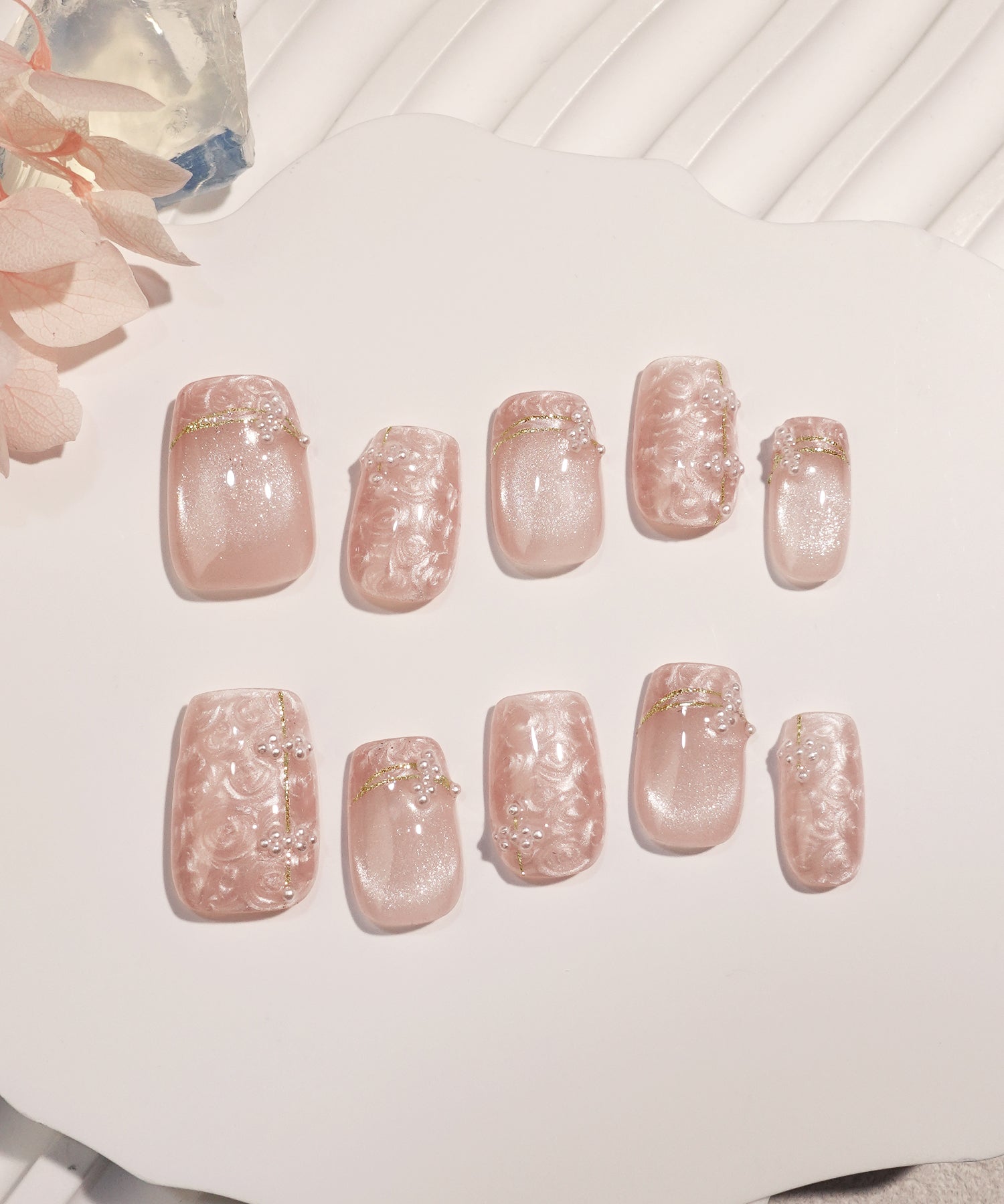 【一部当日発送】水光ネイルピンクマグネットジェムストーンパールアートショートスクエアネイルチップ