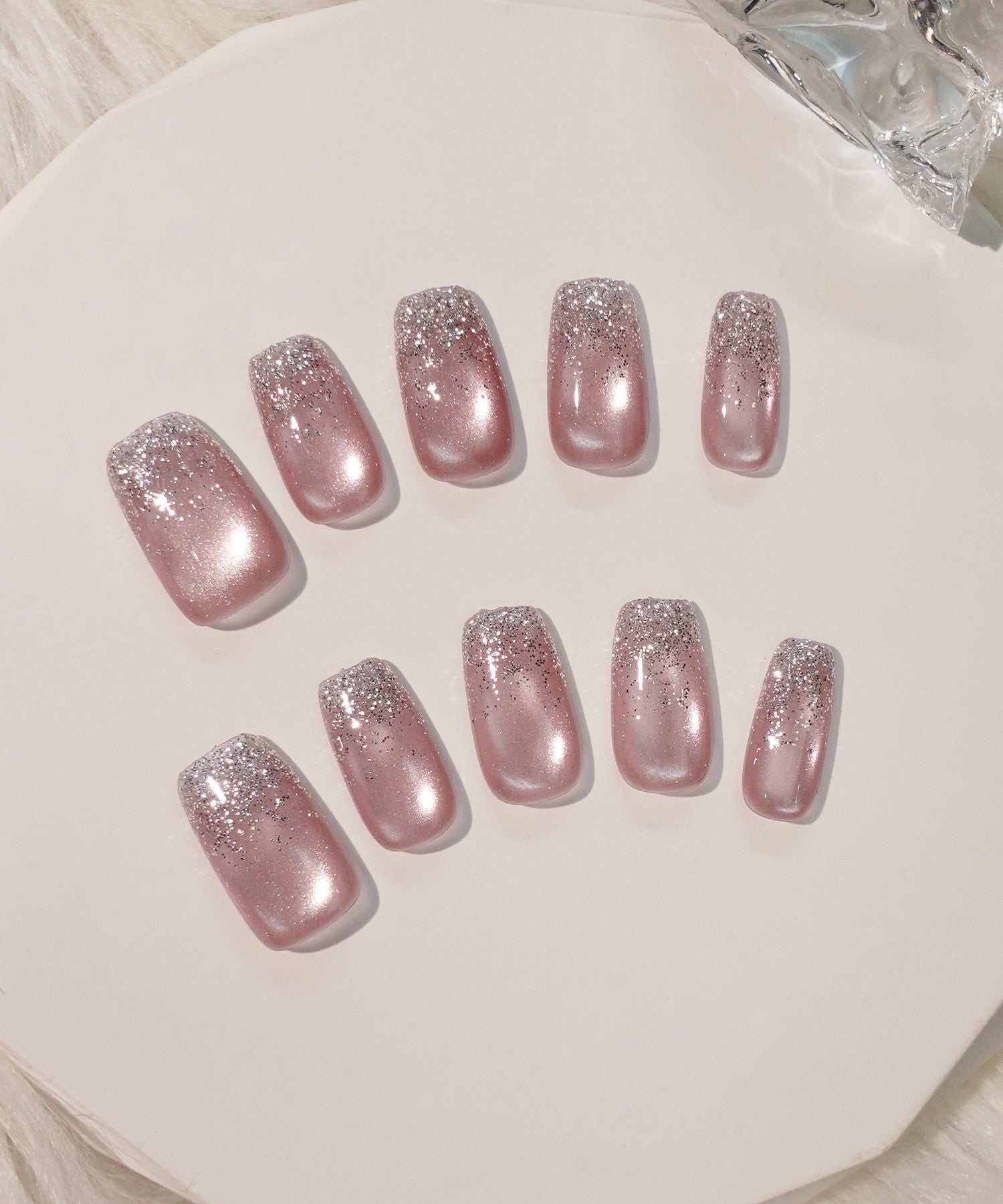 【一部当日発送】水光ネイルピンクシルバーラメグラデーションスクエアネイルチップ