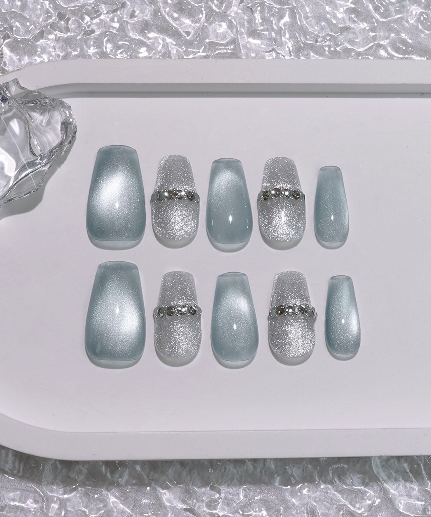 【当日発送】水光ネイルストーンシルバーブルーマグネットバレリーナネイルチップ