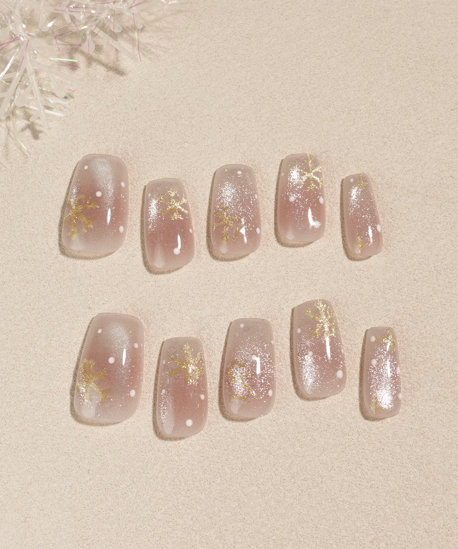 【COMING SOON】水光ネイルピンクワンカラースノーフレークドットロングバレリーナネイルチップ