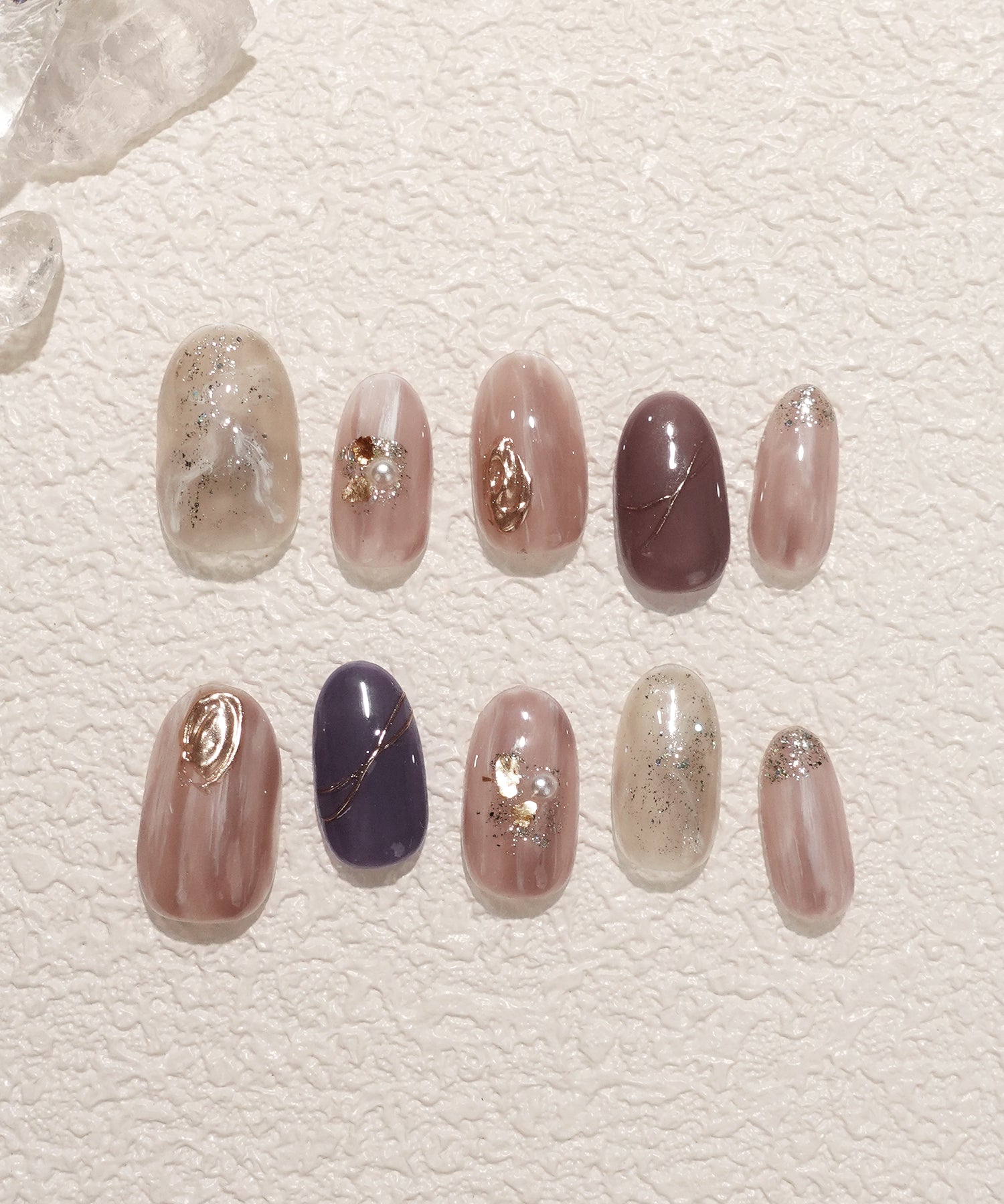 【COMING SOON】水光ネイルパープルニュアンスゴールドミラーパールオーバルネイルチップ