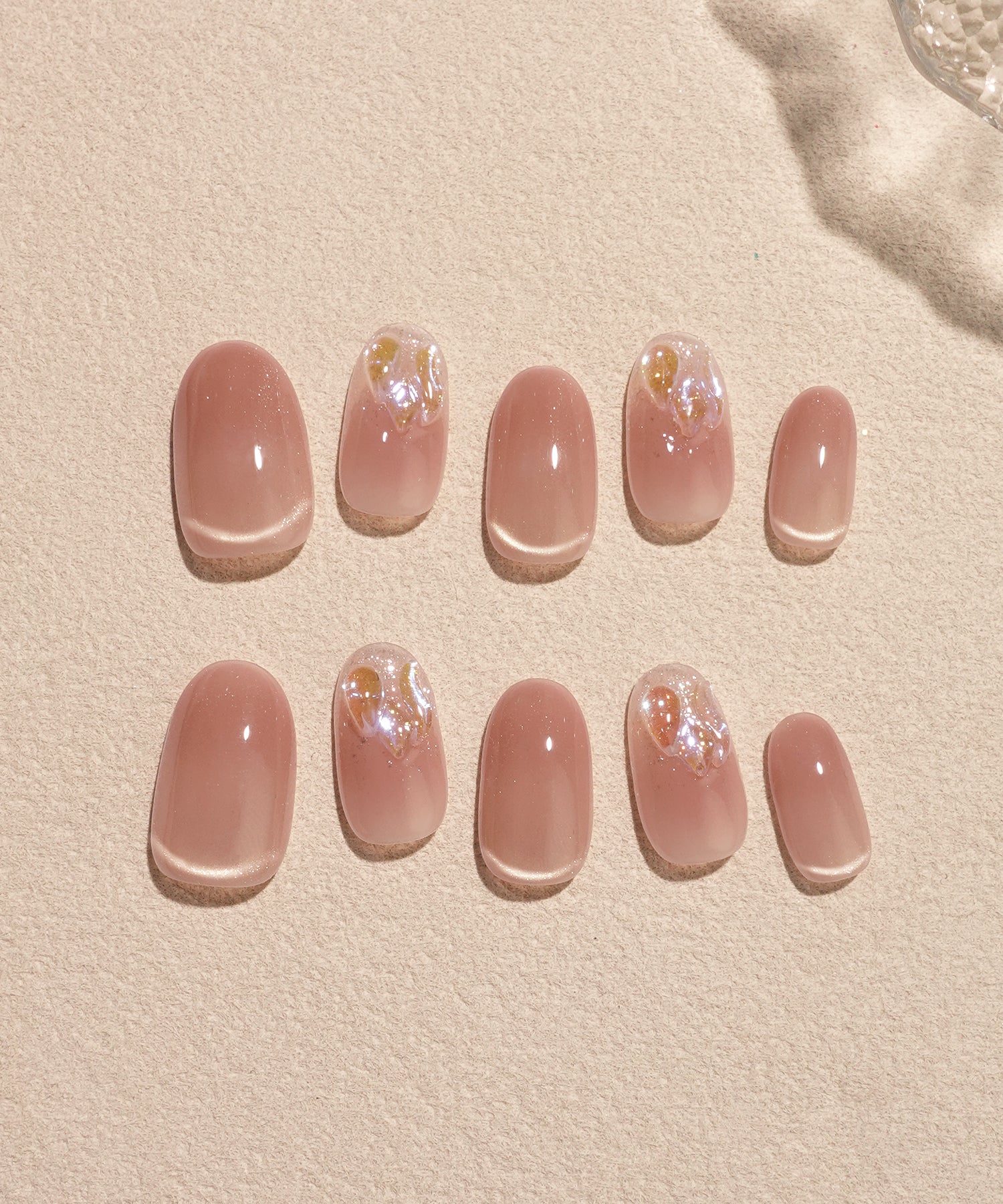 【当日発送】水光ネイルピンクマグネットオーロラストーンラメオーバルネイルチップ