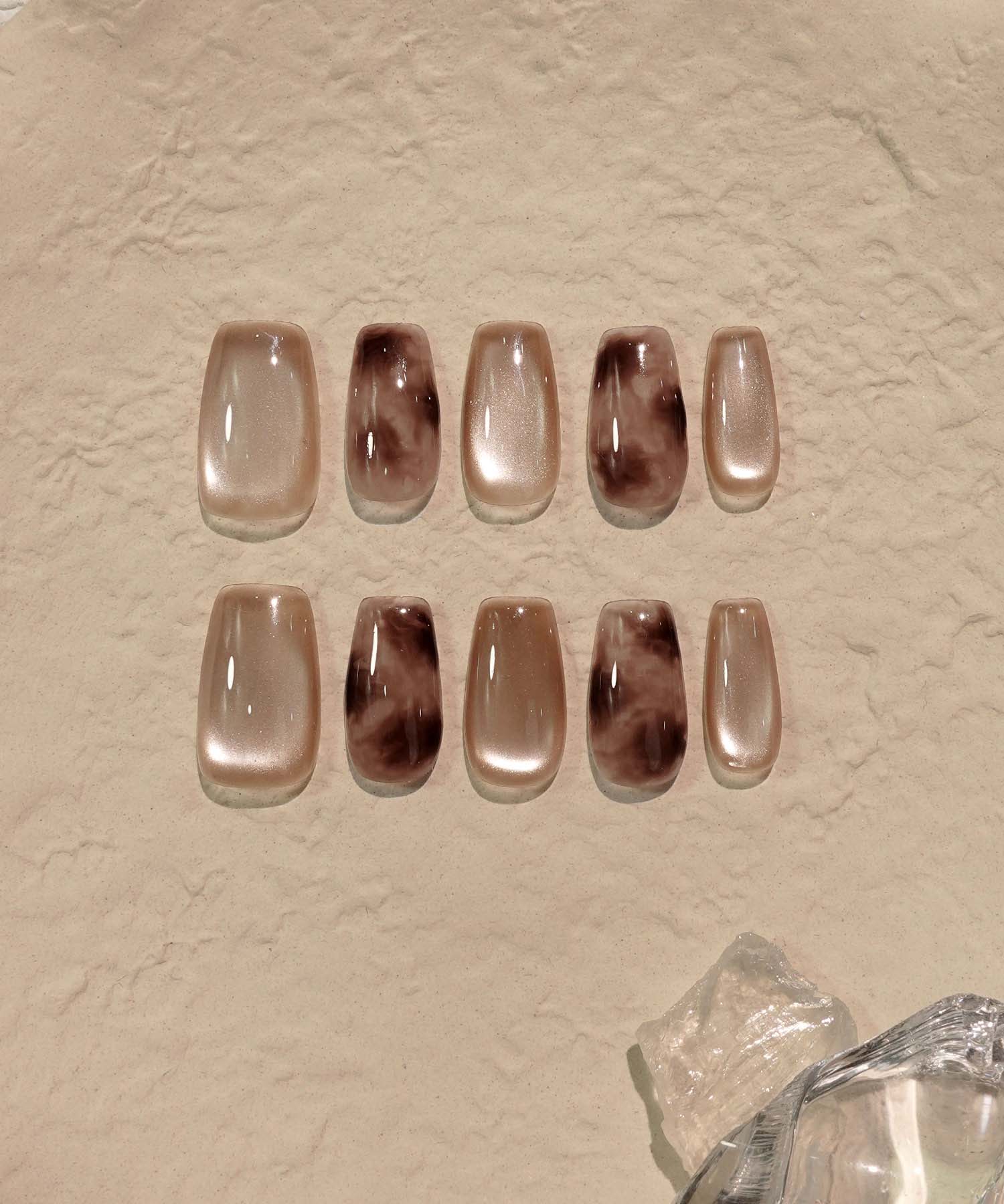 【当日発送】水光ネイルピンクブラウンニュアンスタイダイスクエアネイルチップ