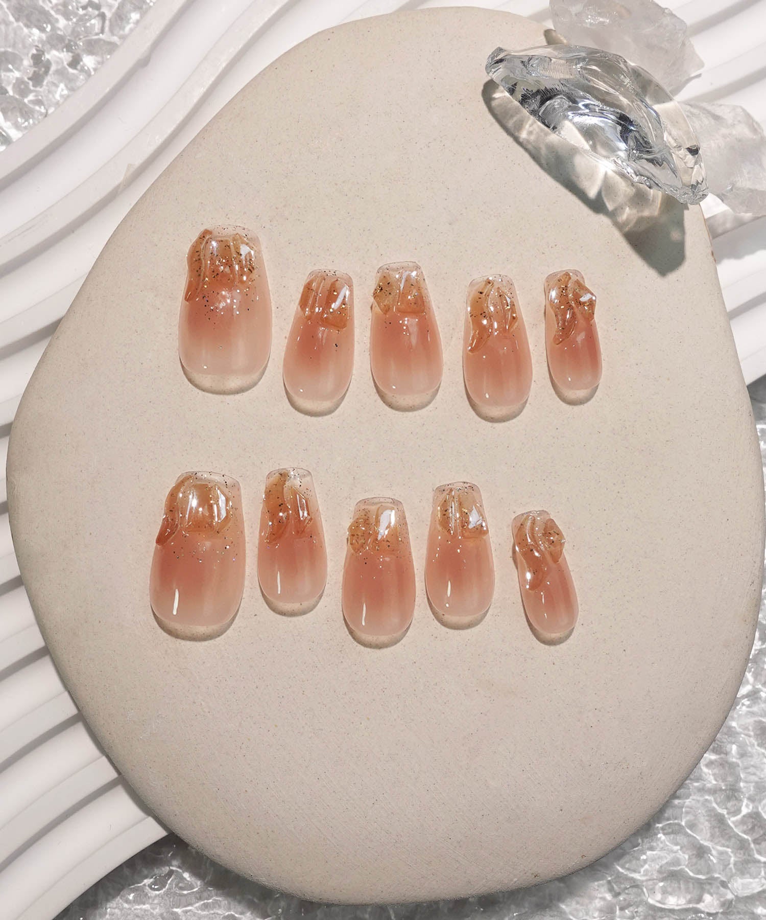 【当日発送】水光ネイルピンクオレンジチークストーンワンホンバレリーナネイルチップ