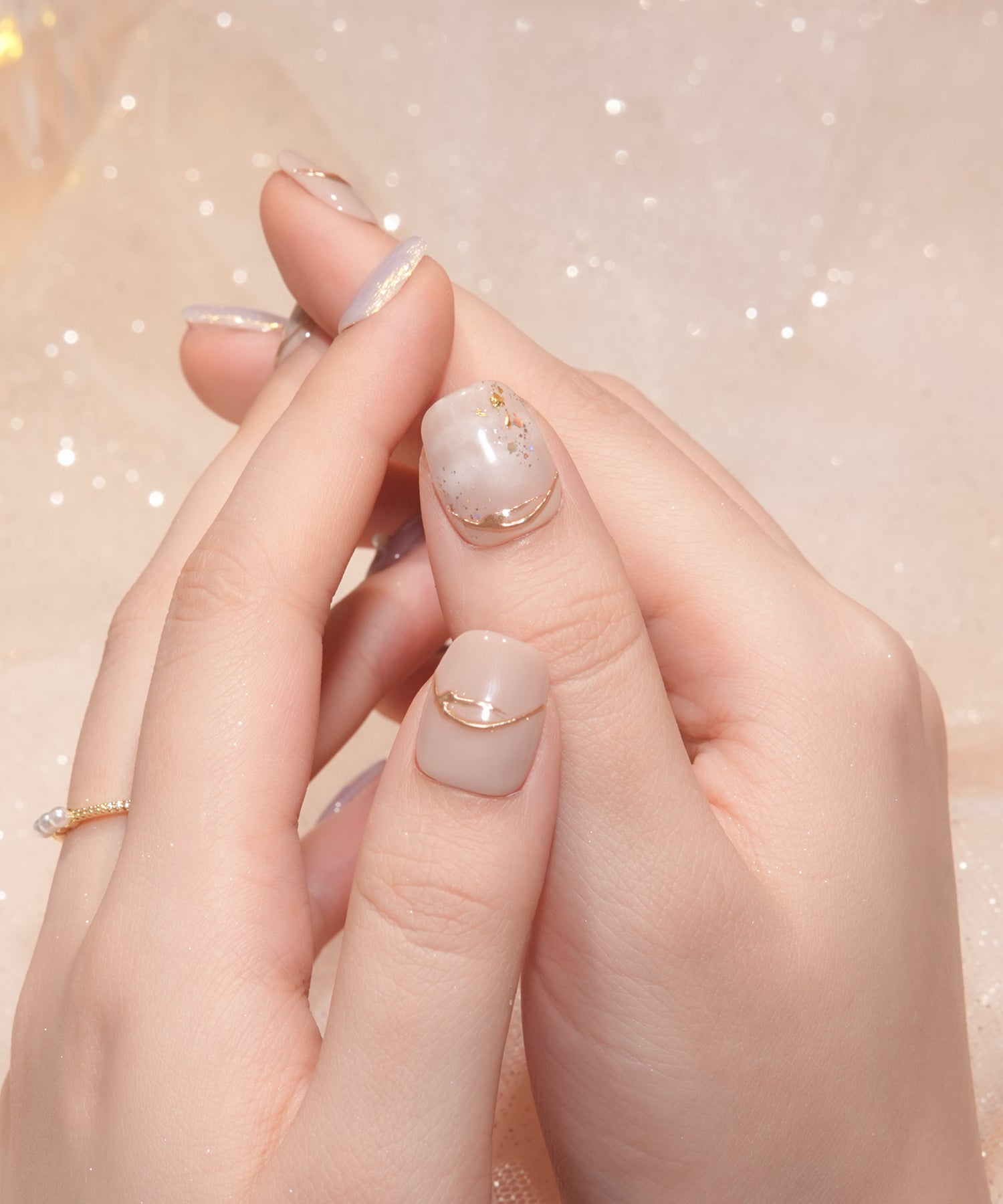 【COMING SOON】水光ネイルパープルニュアンスゴールドミラーウェーブホイルパールラメショートスクエアネイルチップ