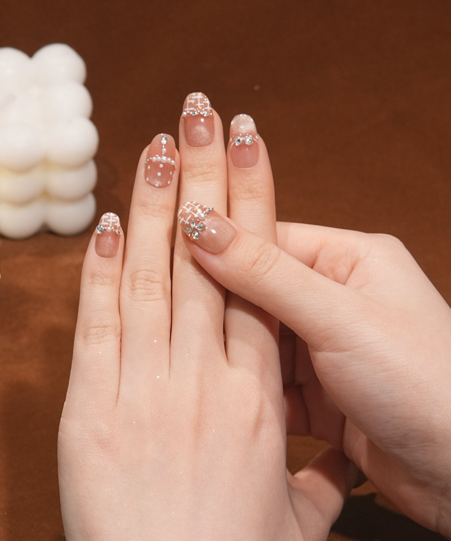 【当日発送】水光ネイルローズピンクツイードフレンチパールストーンドットオーバルネイルチップ