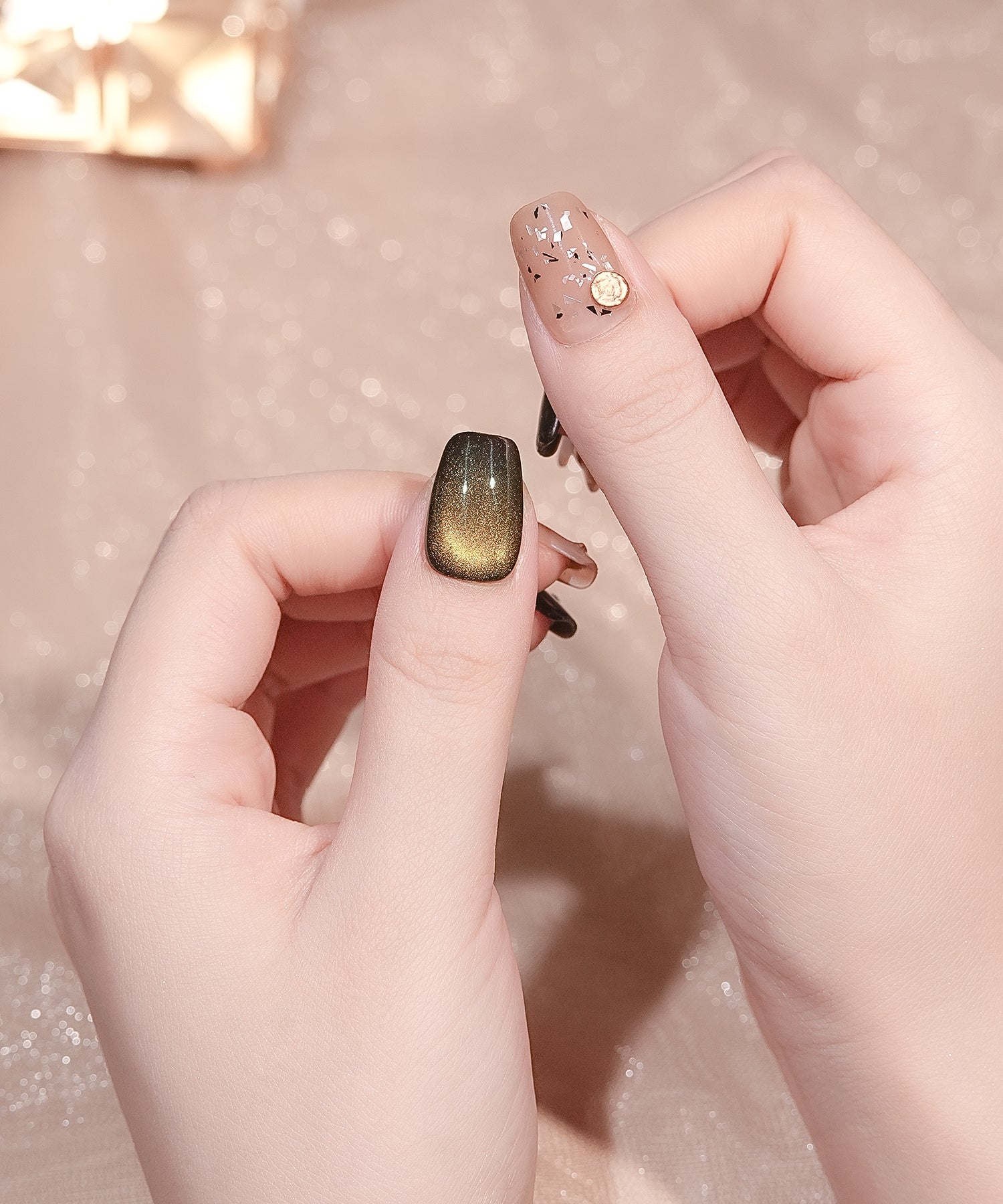 【当日発送】水光ネイルブラウンゴールドマグネットフラワーパーツパールスクエアネイルチップ