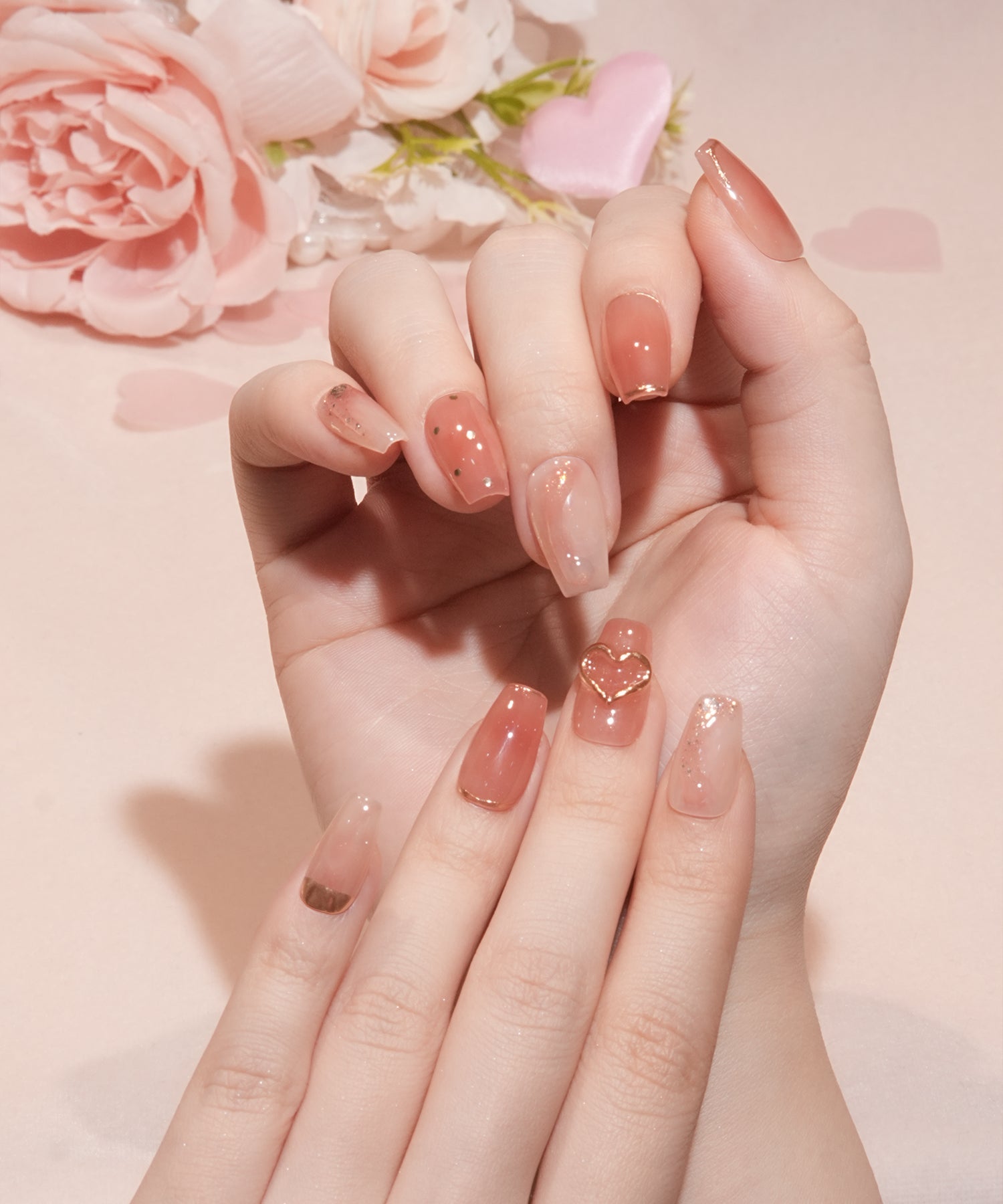 【SOLD OUT】水光ネイルコーラルオレンジマーブルハートモチーフゴールドミラーラメホロバレリーナネイルチップ