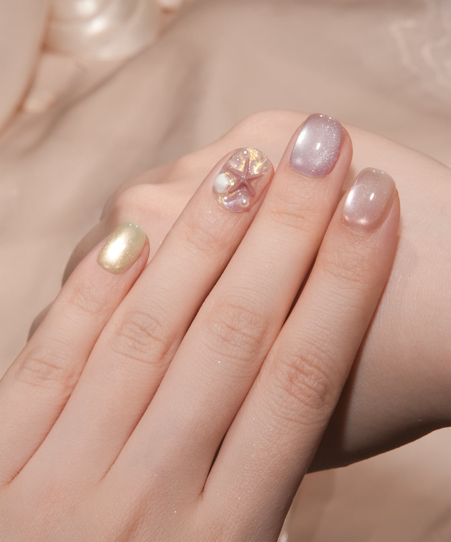 【当日発送】水光ネイルシアーカラーマグネットスターフィッシュパールショートラウンドネイルチップ