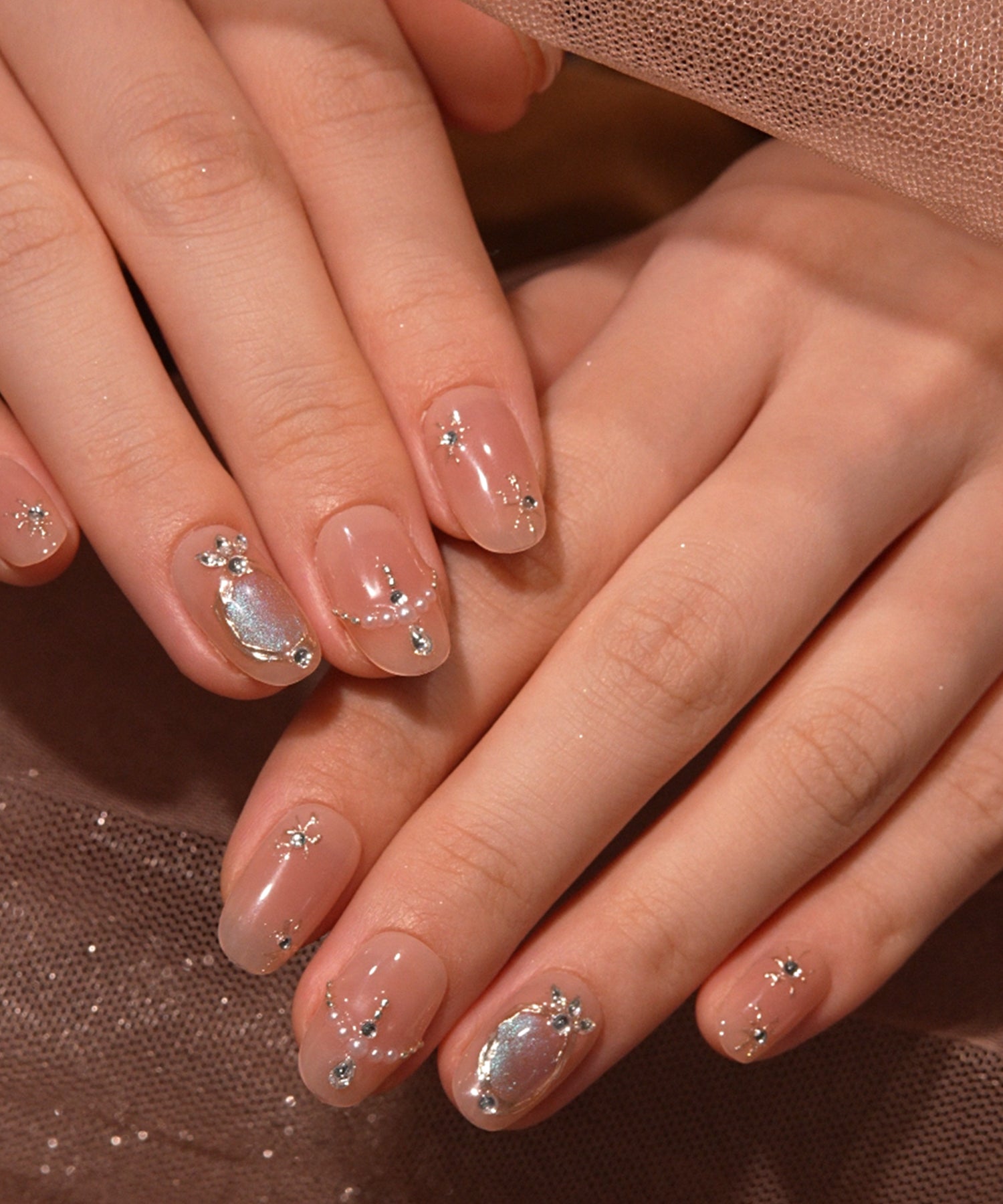 【COMING SOON】水光ネイルピンクチークミラーアートブルーマグネットオーバルネイルチップ