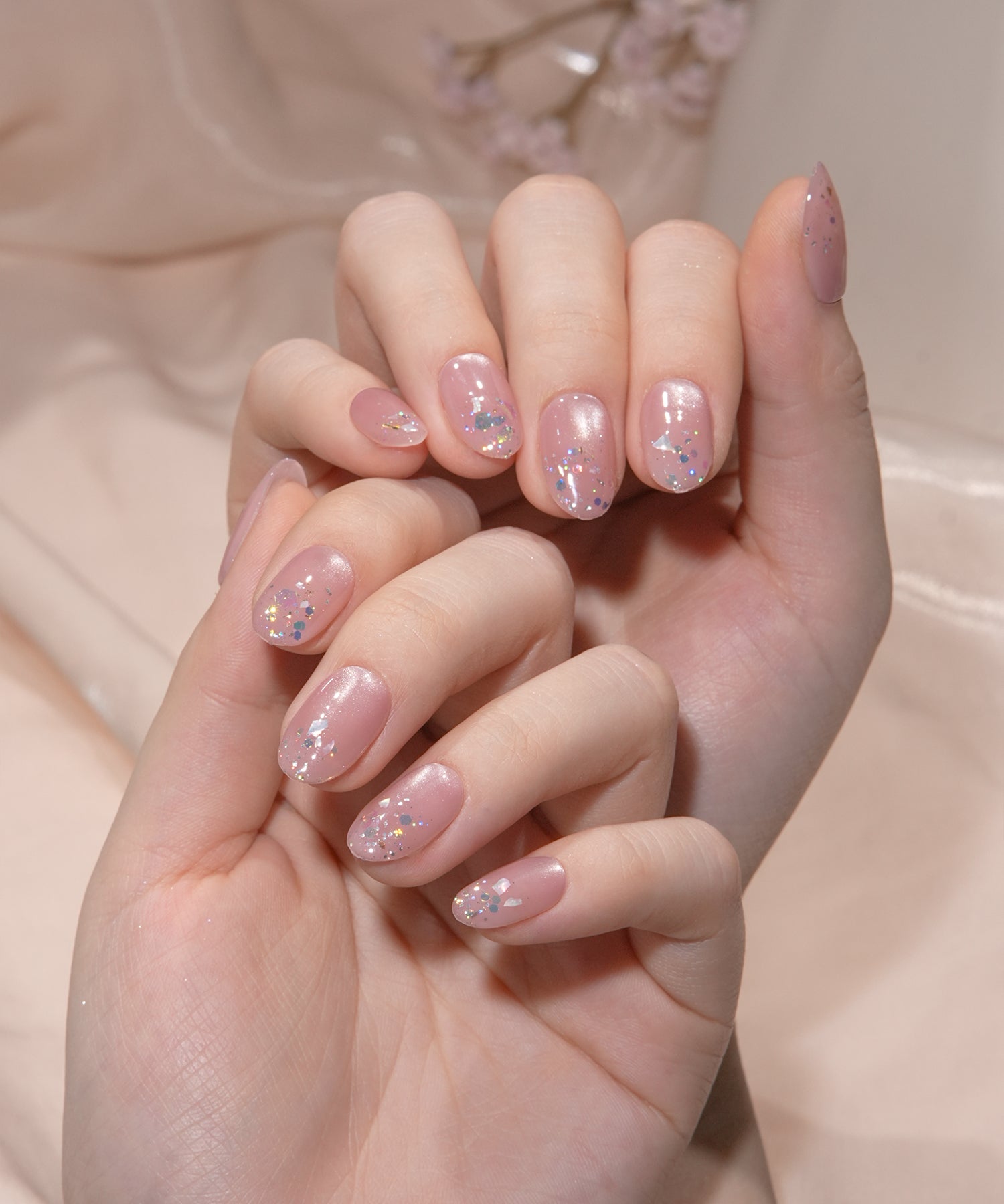 【COMING SOON】水光ネイルシアーピンクマグネットオーロラホログラムシェルオーバルネイルチップ