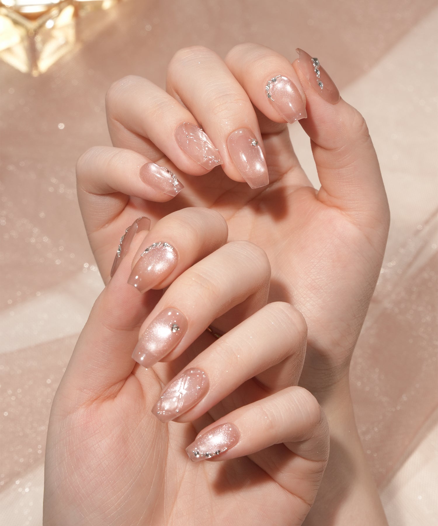 【予約販売】水光ネイルピンクマグネットストーンキルティングデザインバレリーナネイルチップ