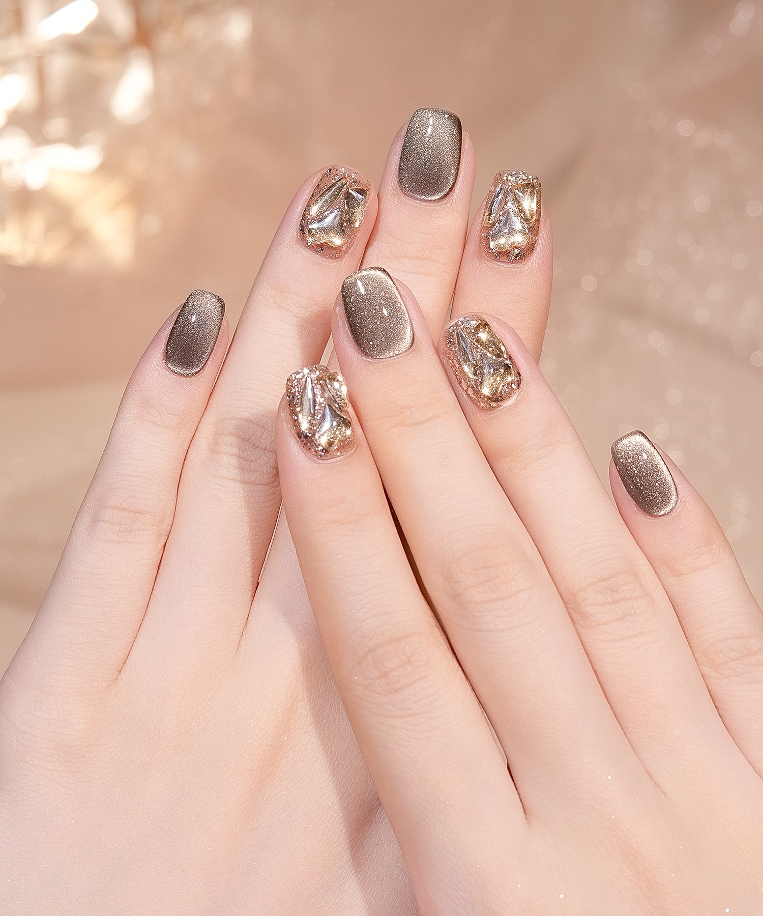 【当日発送】水光ネイルダークブラウンマグネットゴールドストーンショートスクエアネイルチップ