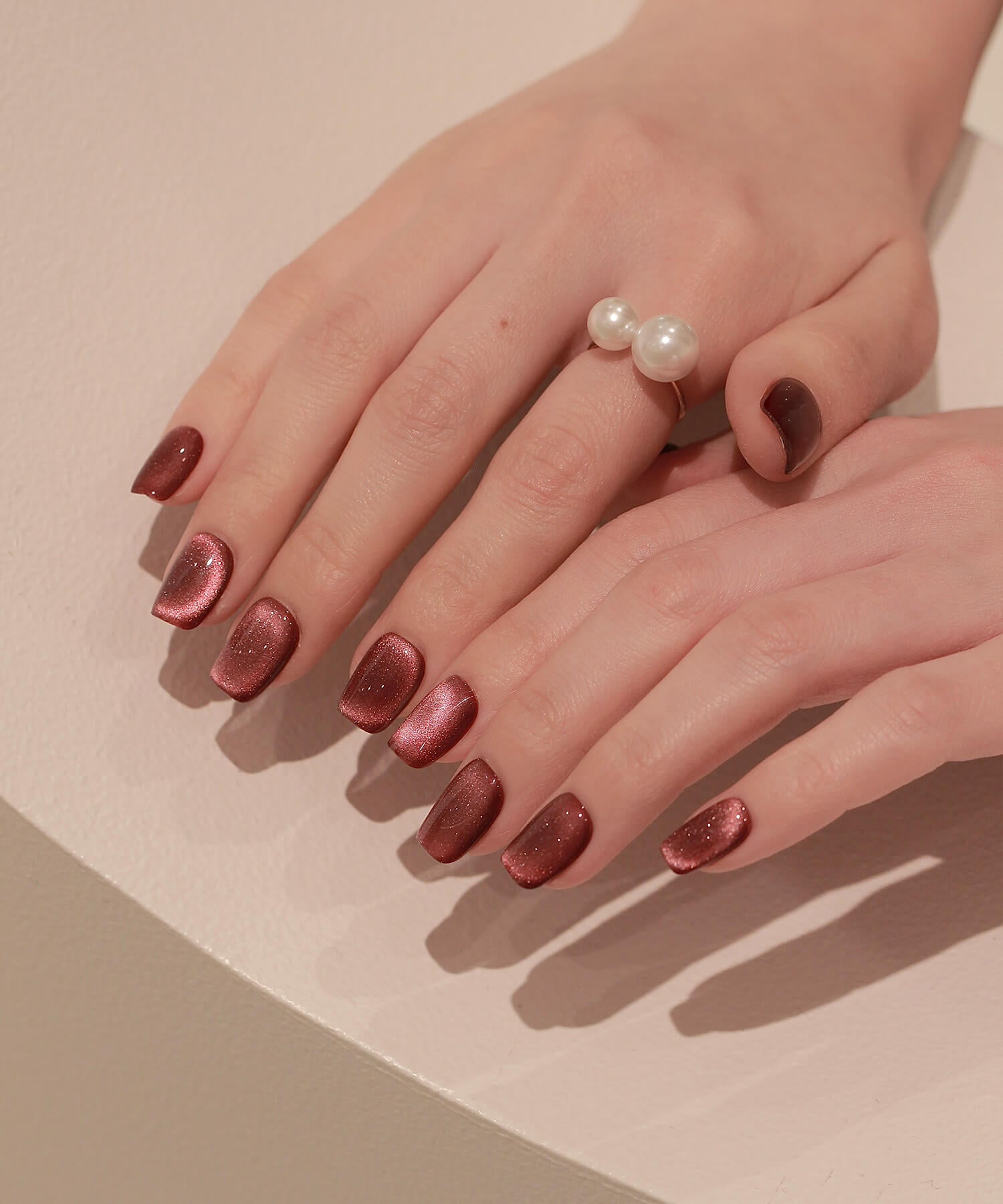 【一部当日発送】水光ネイルダークレッドワンカラーマグネットショートスクエアネイルチップ