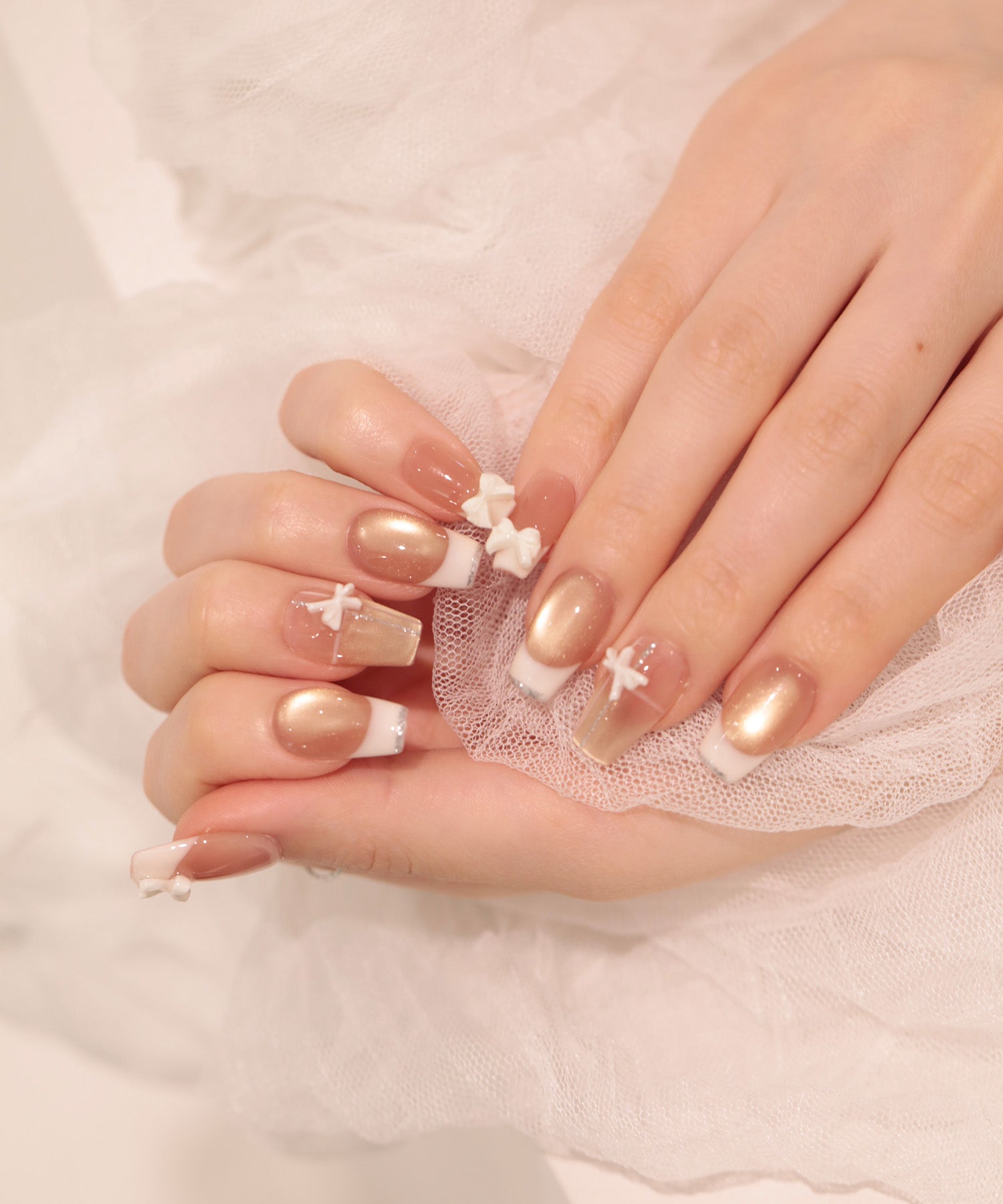 【一部当日発送】水光ネイルピンクホワイトフレンチリボンバレリーナネイルチップ