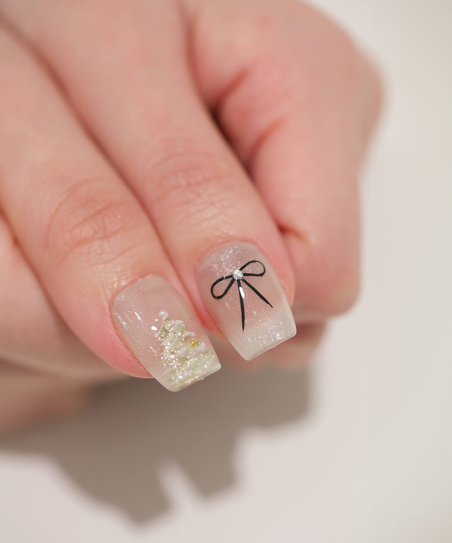 【当日発送】水光ネイルホワイトスノーリボンツリーアートクリスマススクエアネイルチップ