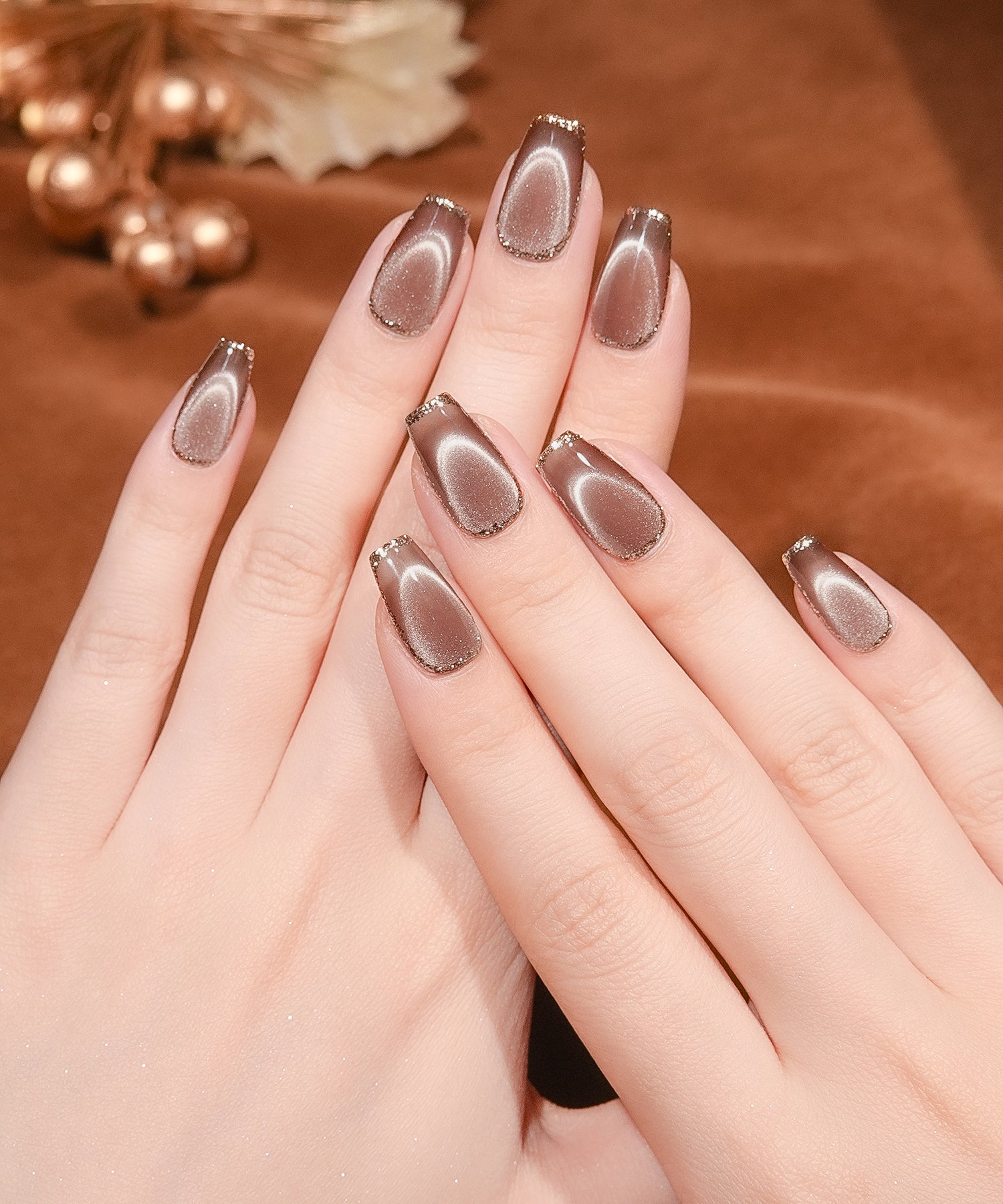 【一部当日発送】水光ネイルブラウンマグネットゴールドフレームバレリーナネイルチップ