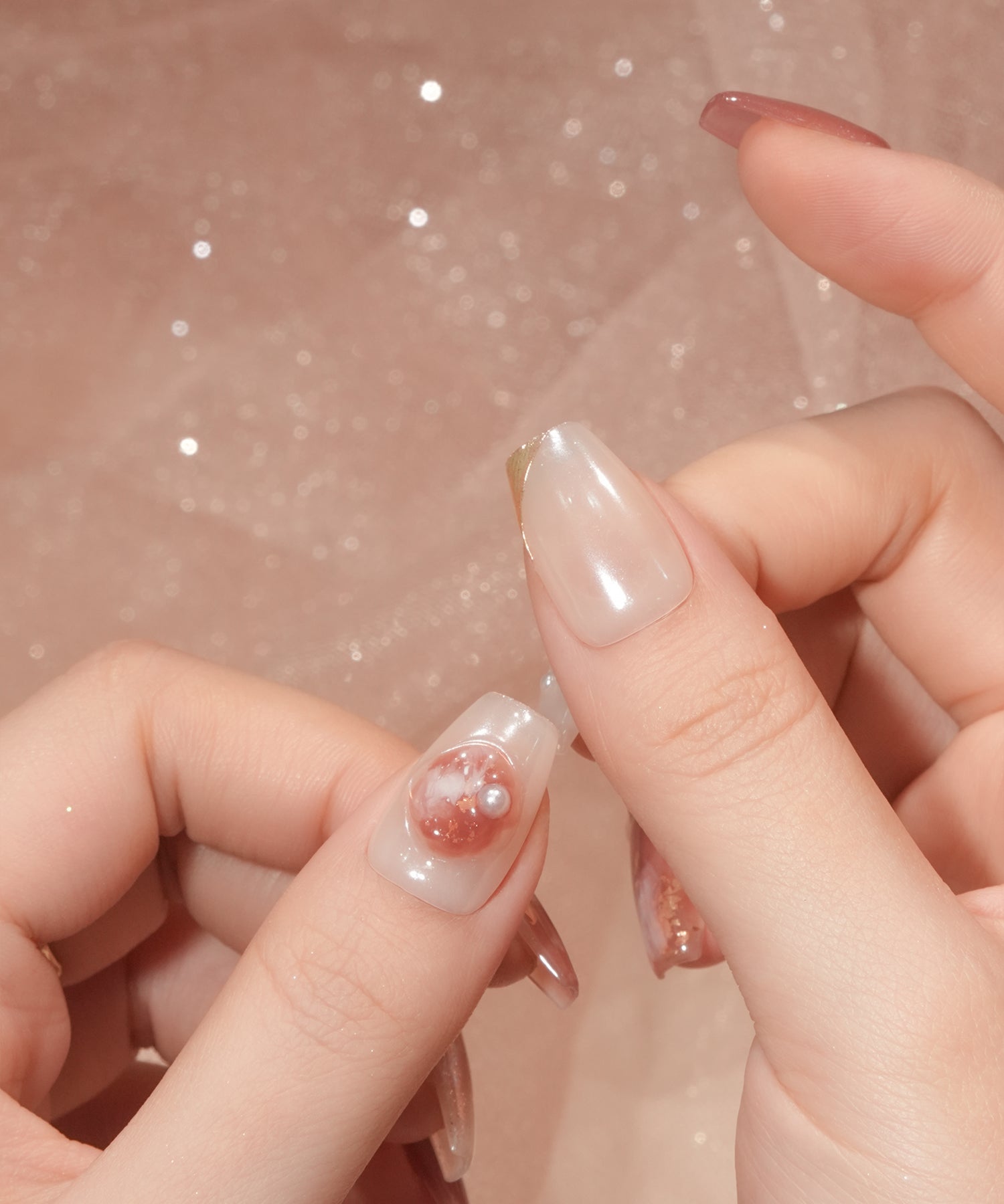【COMING SOON】水光ネイルホワイトミラーニュアンスゴールドミラーアートパールホロラメバレリーナネイルチップ