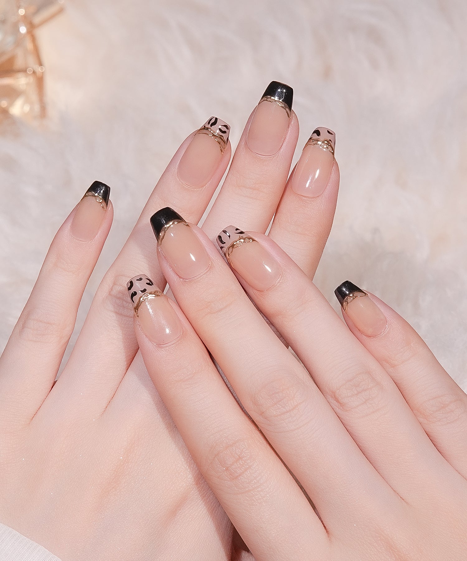 【一部当日発送】水光ネイルベージュブラックフレンチレオパードミラーラインバレリーナネイルチップ