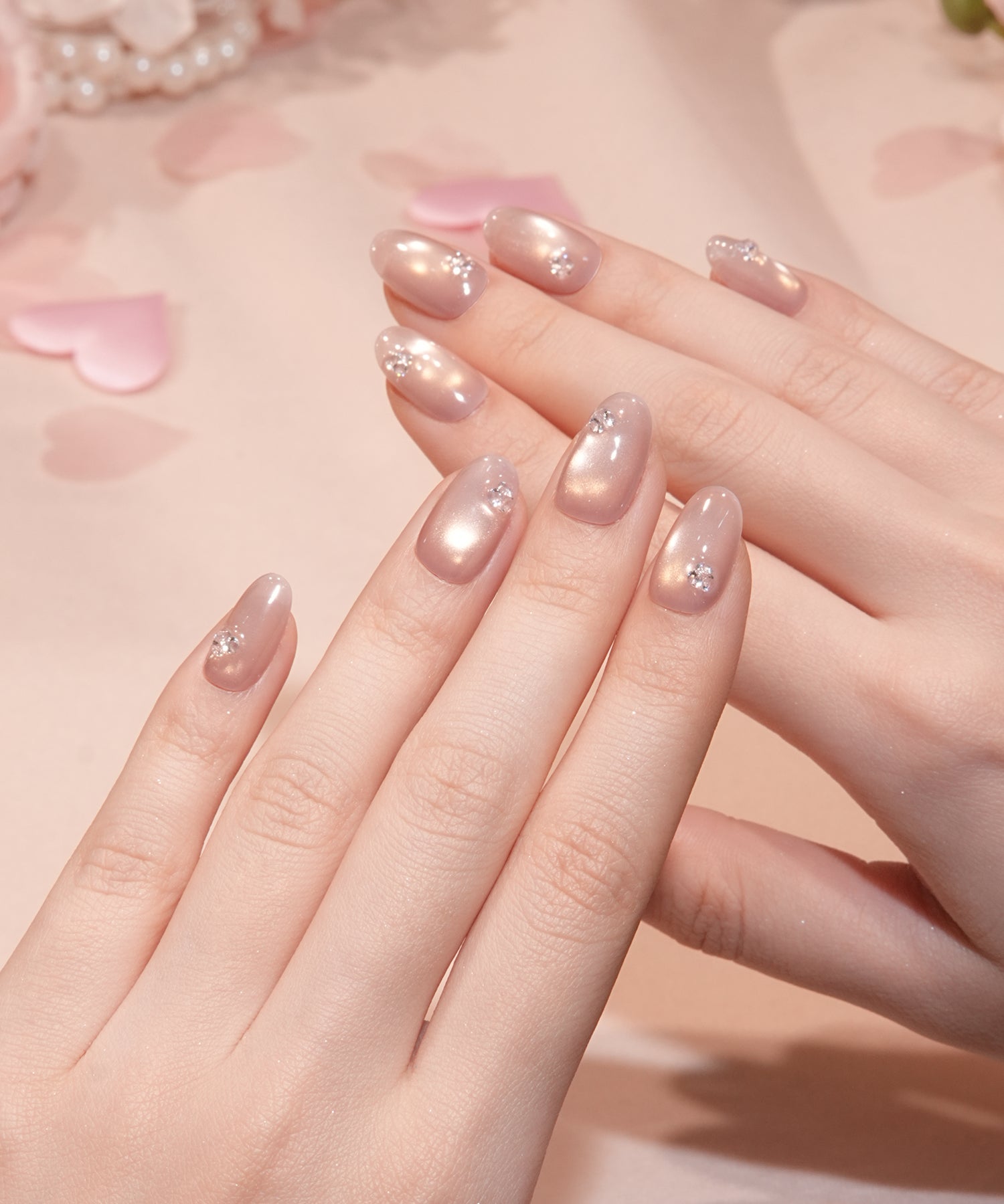 【バレンタイン限定デザイン】水光ネイルピンクマグネットワンカラーフラワーライクストーンオーバルネイルチップ