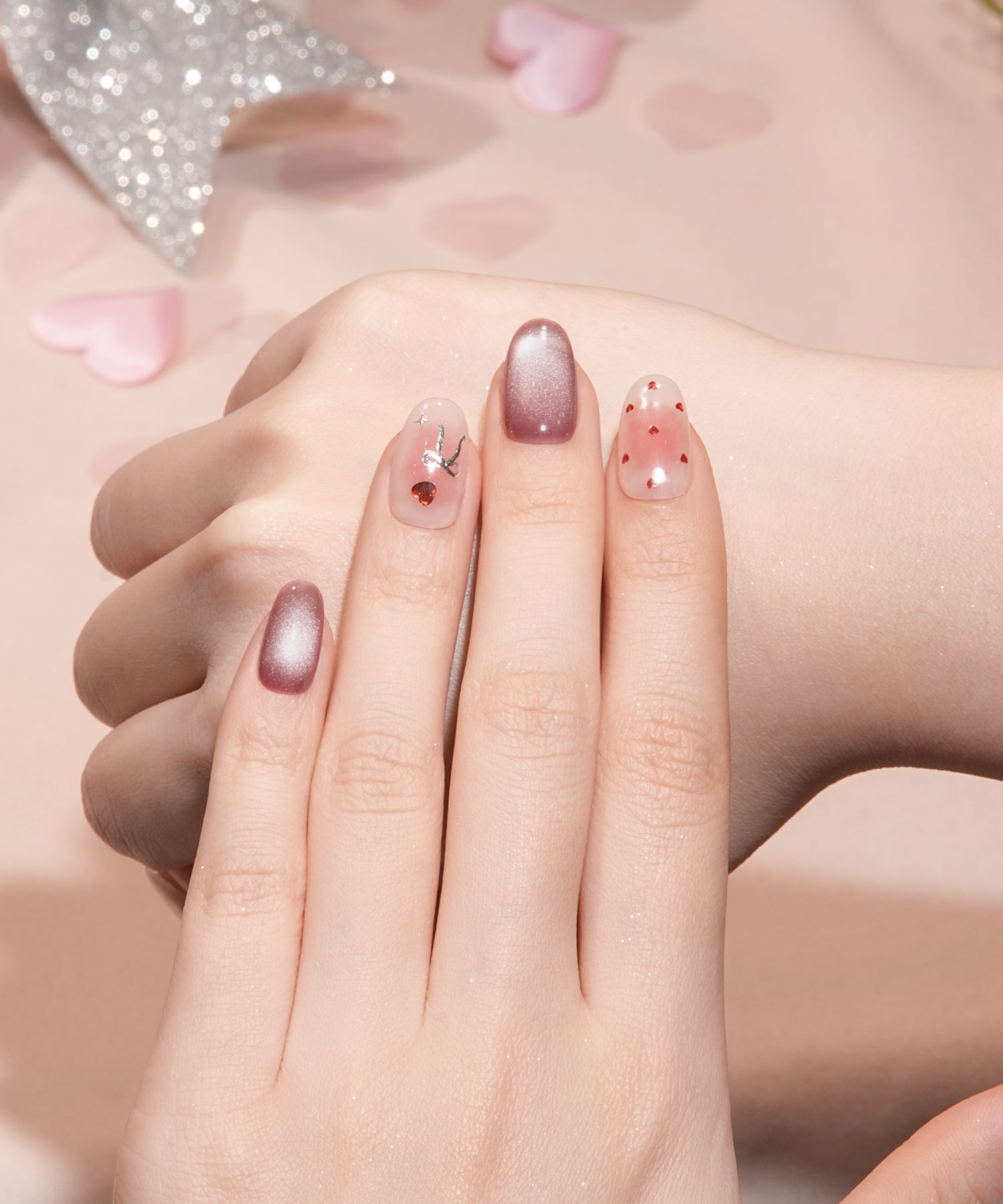 【バレンタイン限定デザイン】水光ネイルシアーピンクチークマグネットハートリボンオーバルネイルチップ