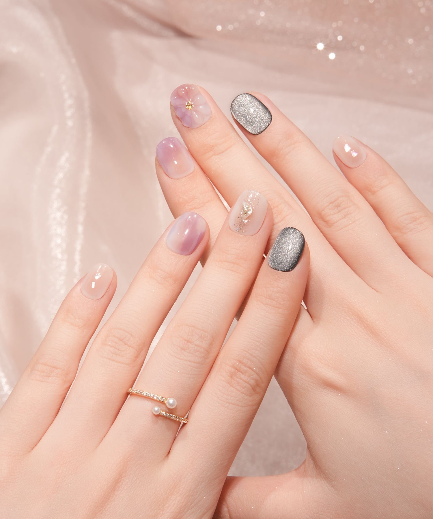 【一部当日発送】水光ネイルパープルニュアンスフラワーマグネットホイルシェルショートラウンドネイルチップ