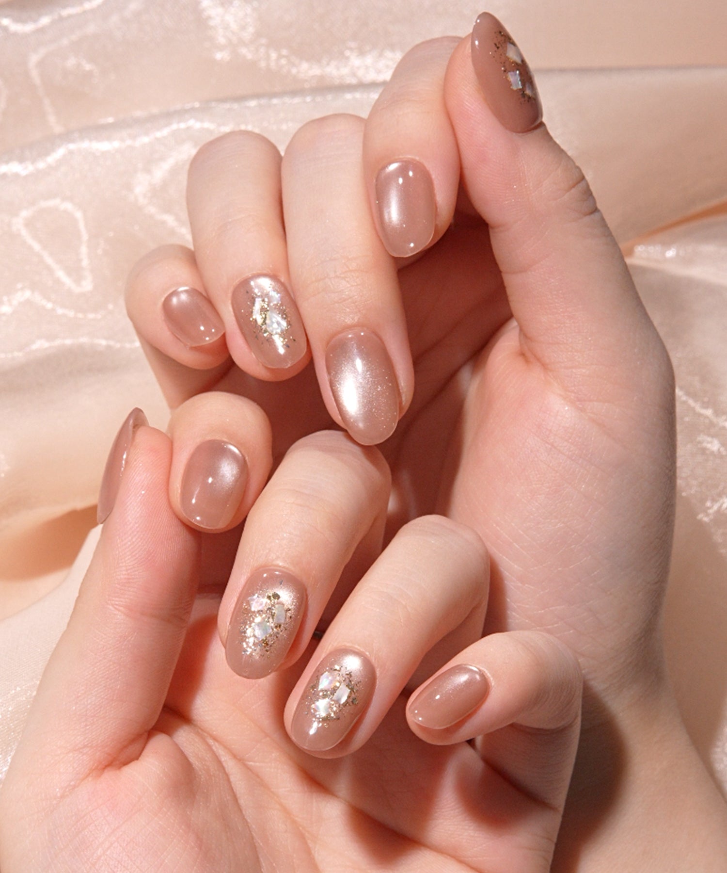 【当日発送】水光ネイルピンクマグネットゴールドホイルシェルオーバルネイルチップ