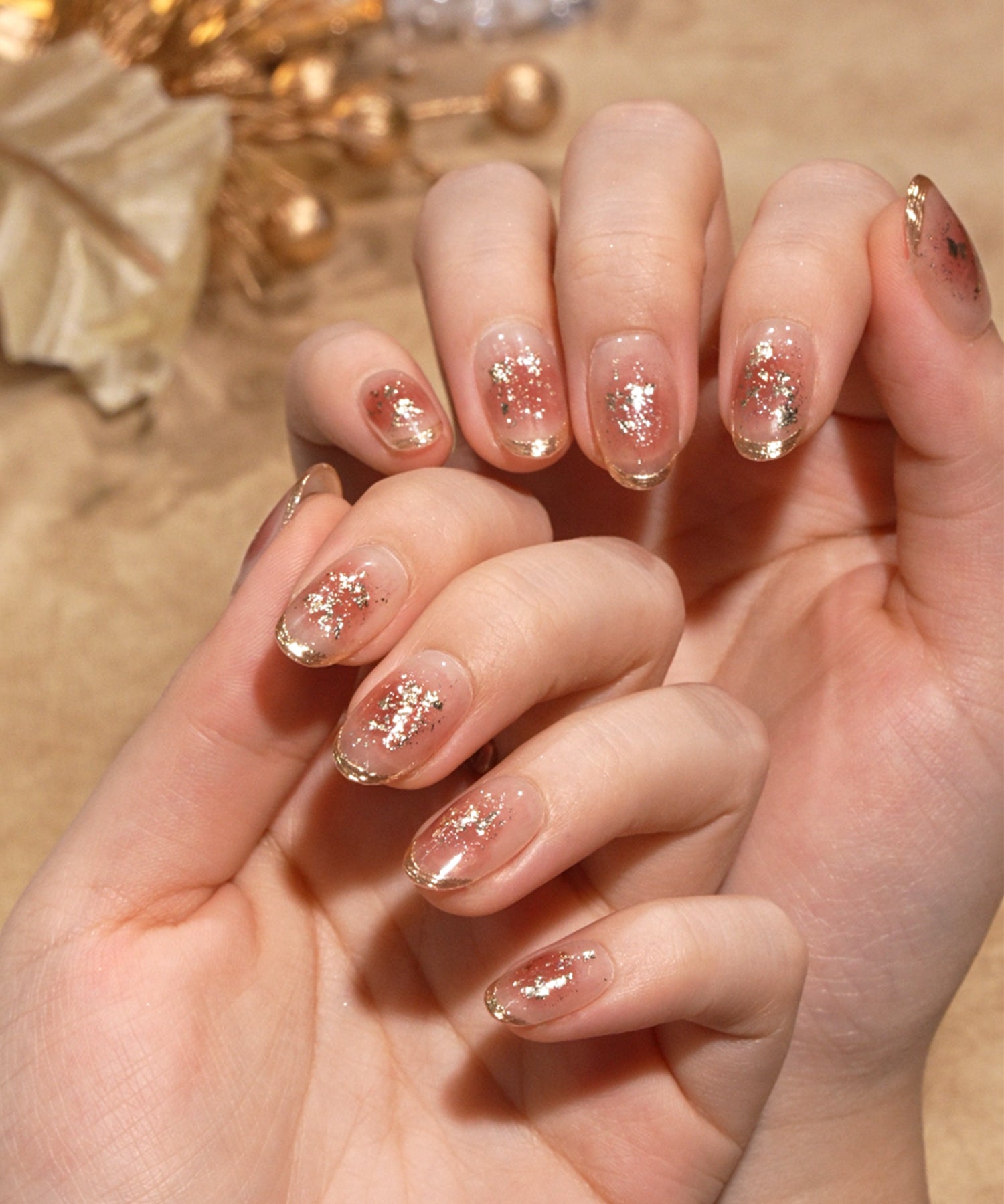 【当日発送】水光ネイルレッドチークゴールドミラーフレンチホイルオーバルネイルチップ