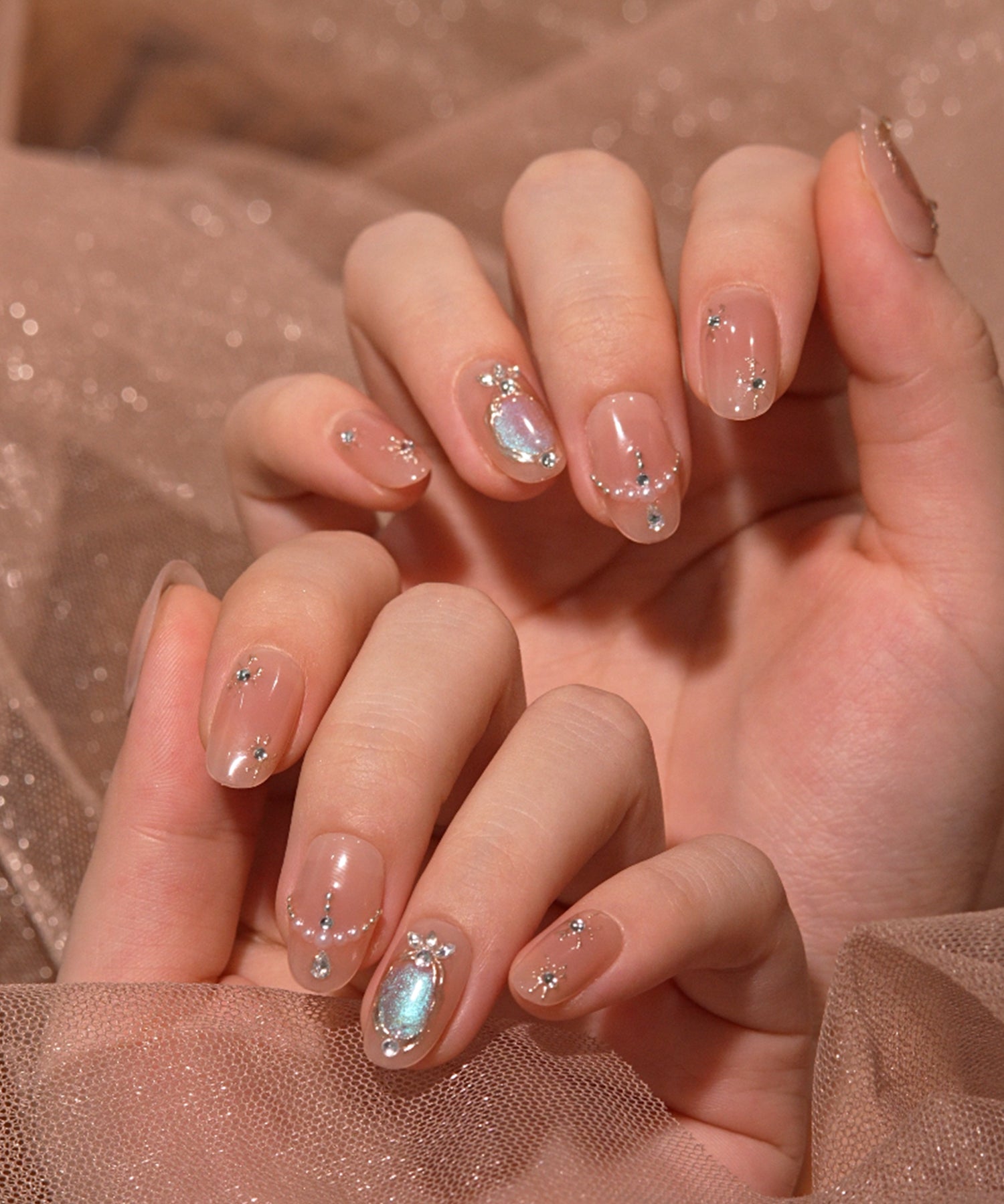 【COMING SOON】水光ネイルピンクチークミラーアートブルーマグネットオーバルネイルチップ