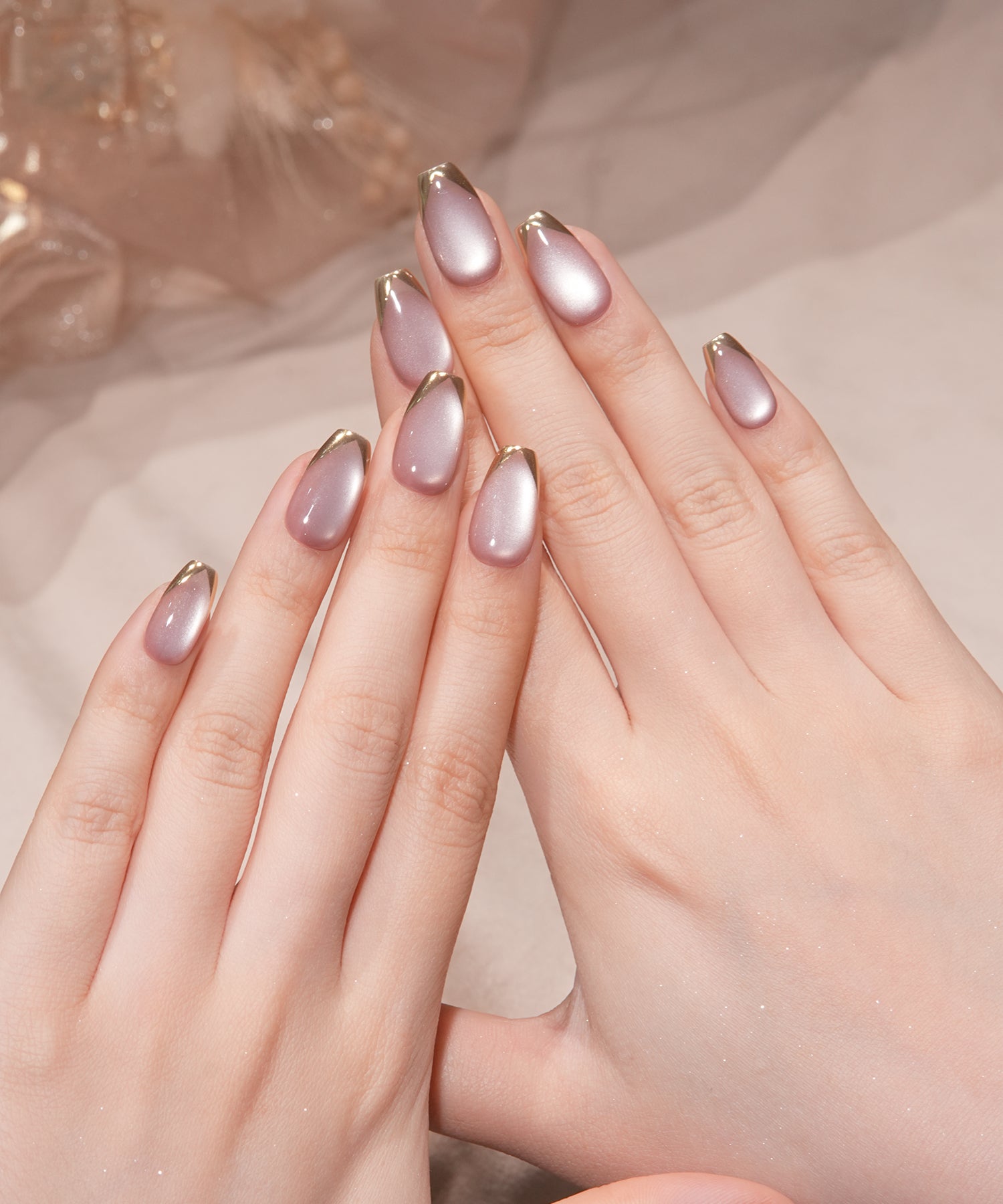 【COMING SOON】水光ネイルモーブピンクマグネットゴールドミラーフレンチバレリーナネイルチップ