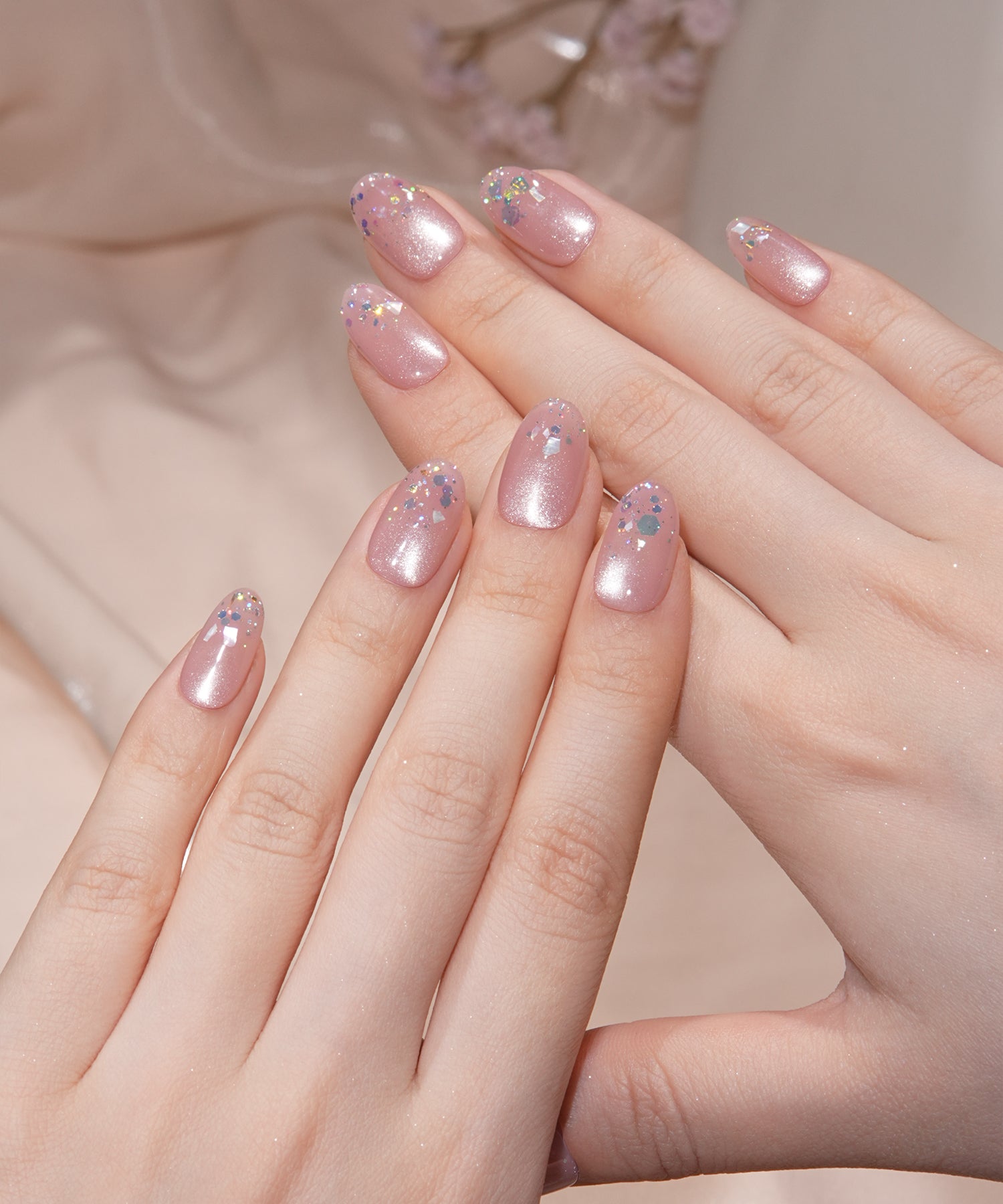 【COMING SOON】水光ネイルシアーピンクマグネットオーロラホログラムシェルオーバルネイルチップ