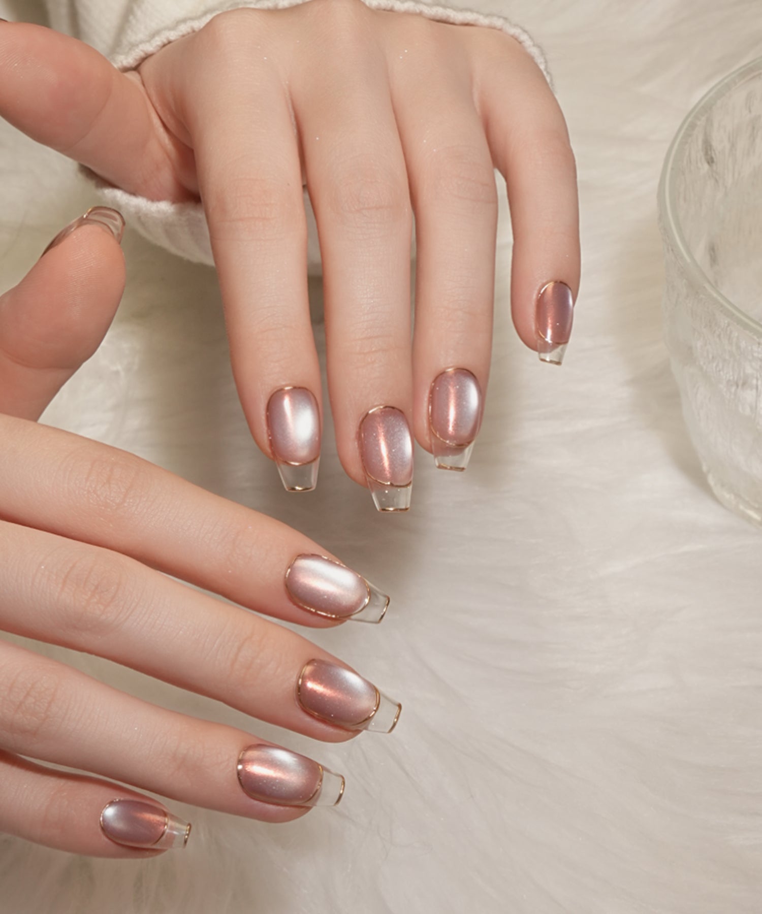 水光ネイルピンクマグネットゴールドミラーラインクリアフレンチバレリーナネイルチップ