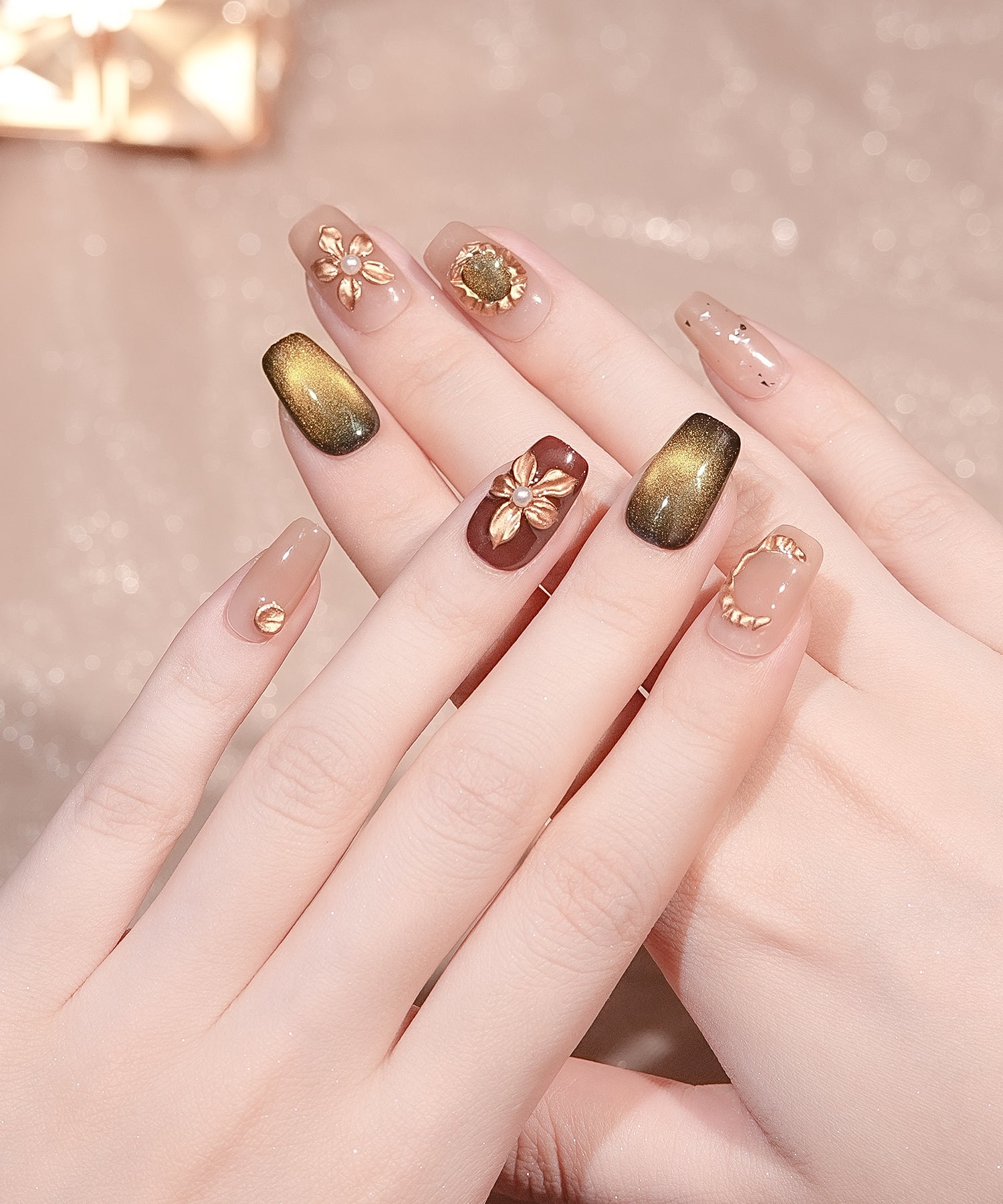 【当日発送】水光ネイルブラウンゴールドマグネットフラワーパーツパールスクエアネイルチップ