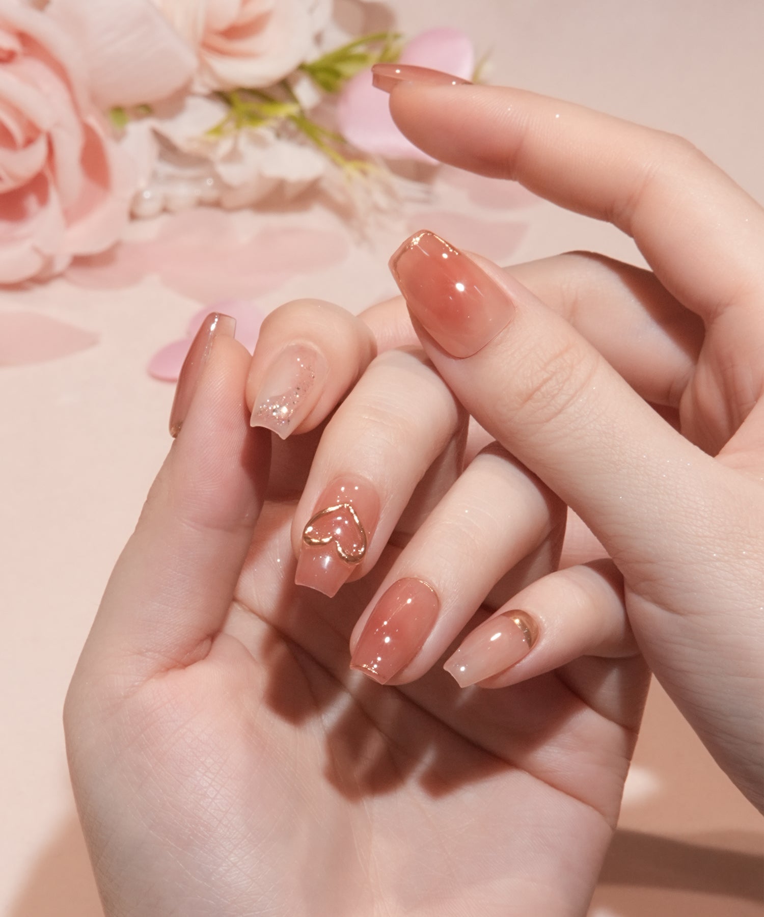 【SOLD OUT】水光ネイルコーラルオレンジマーブルハートモチーフゴールドミラーラメホロバレリーナネイルチップ