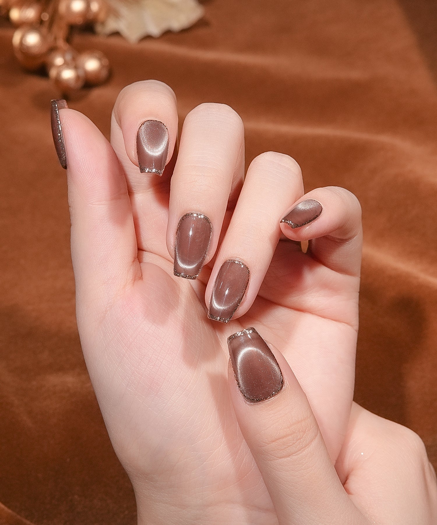 【一部当日発送】水光ネイルブラウンマグネットゴールドフレームバレリーナネイルチップ