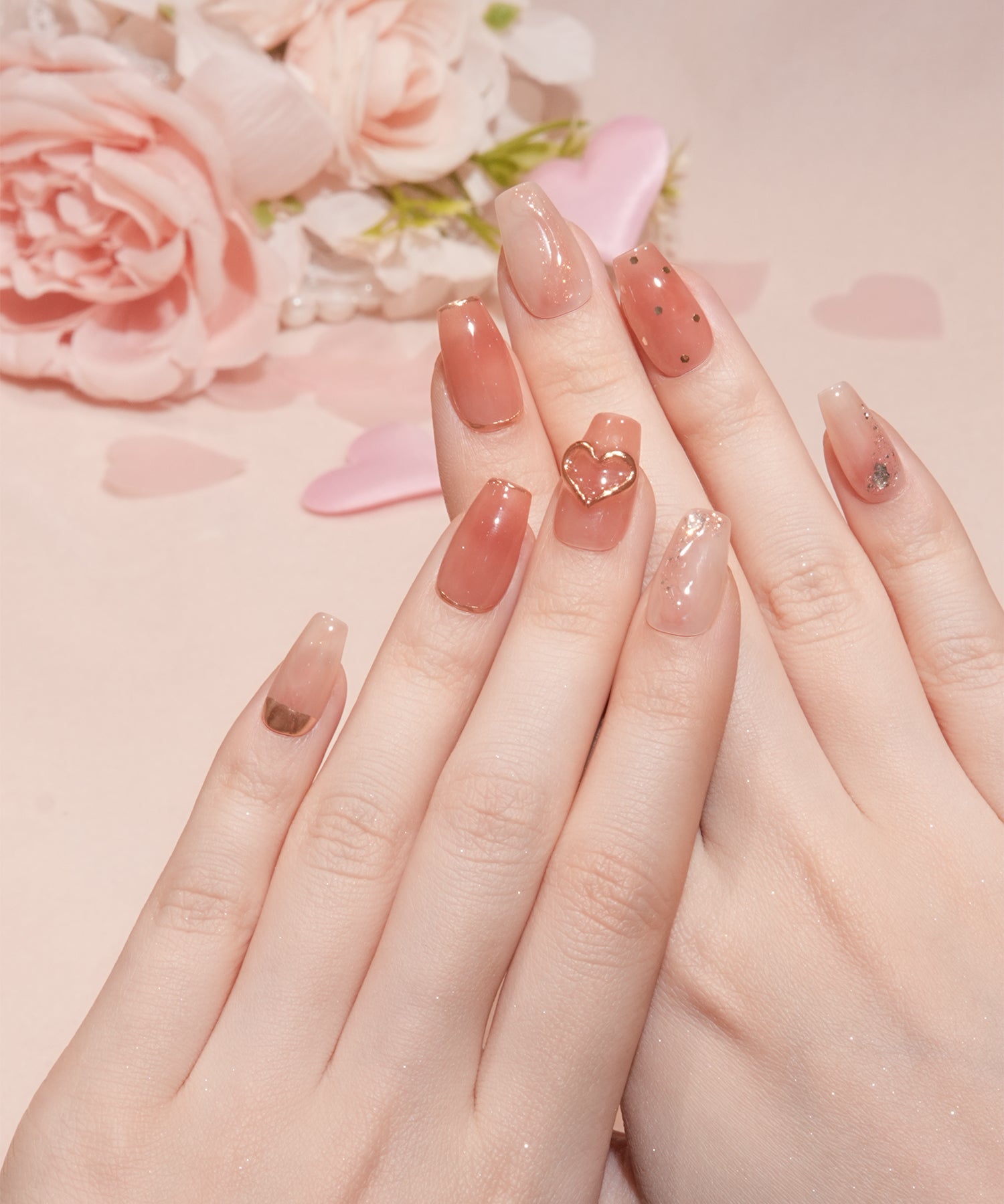 【SOLD OUT】水光ネイルコーラルオレンジマーブルハートモチーフゴールドミラーラメホロバレリーナネイルチップ