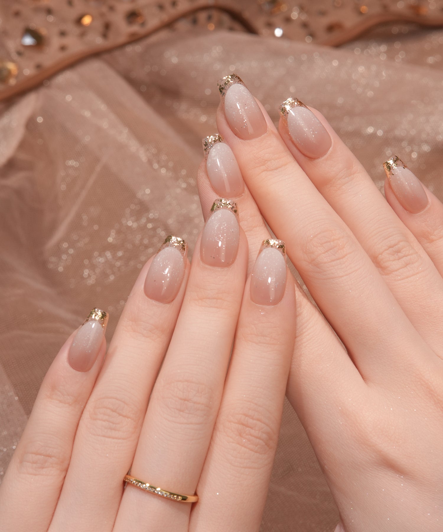 【当日発送】水光ネイルピンクグラデーションゴールドガラスフレンチバレリーナネイルチップ