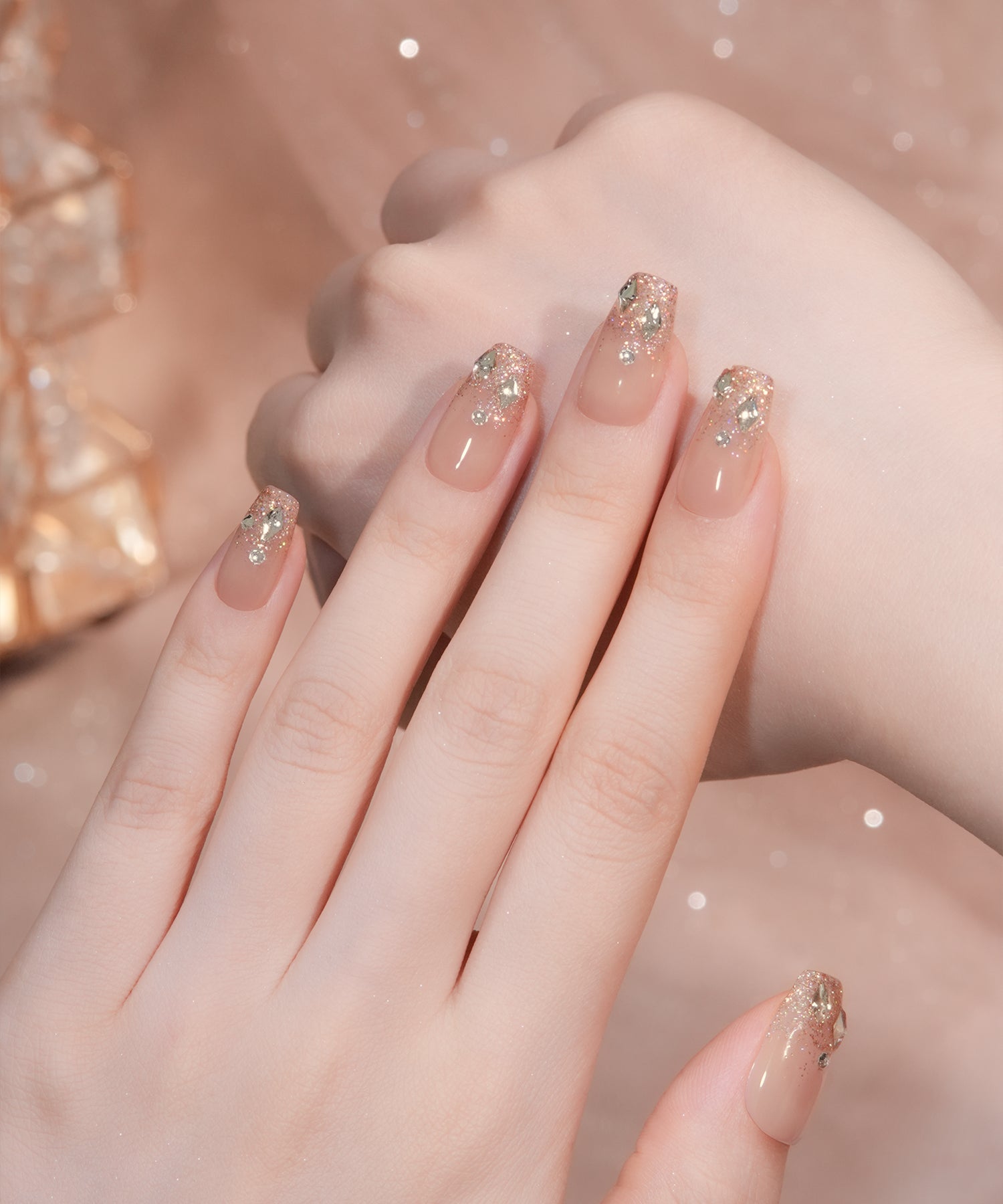 【COMING SOON】水光ネイルピンクベージュピンクラメグラデーションストーンバレリーナネイルチップ