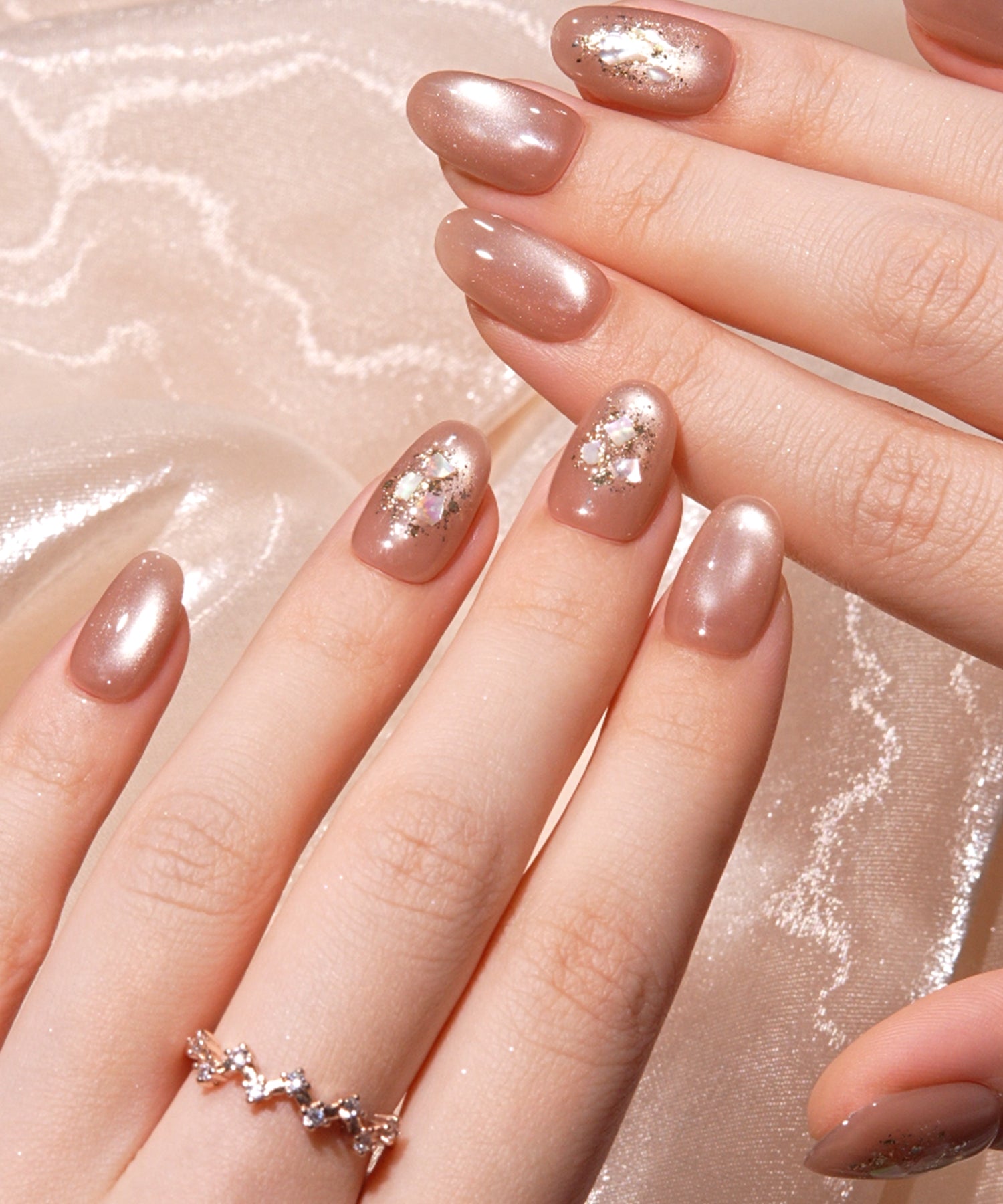 【当日発送】水光ネイルピンクマグネットゴールドホイルシェルオーバルネイルチップ