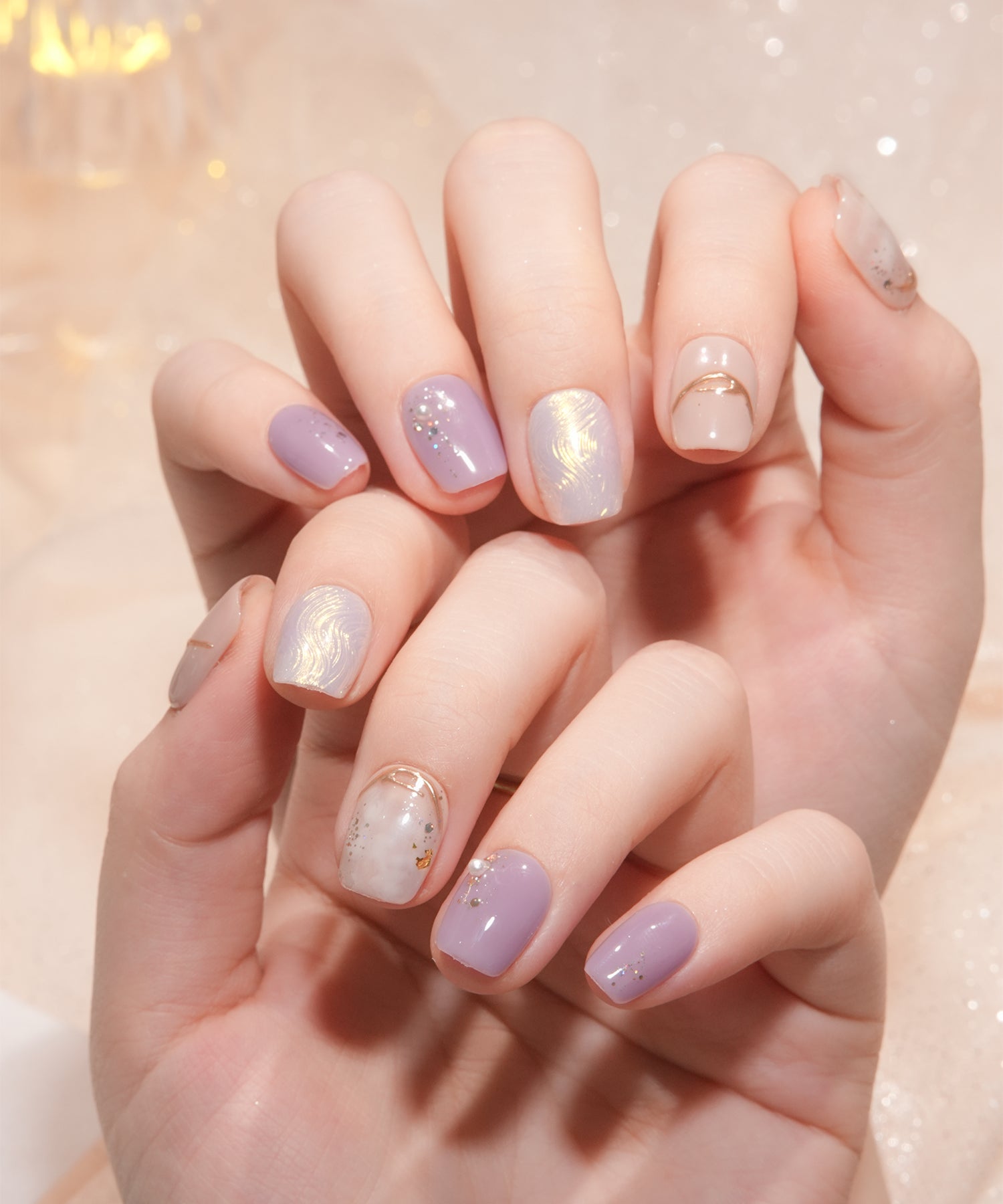 【COMING SOON】水光ネイルパープルニュアンスゴールドミラーウェーブホイルパールラメショートスクエアネイルチップ