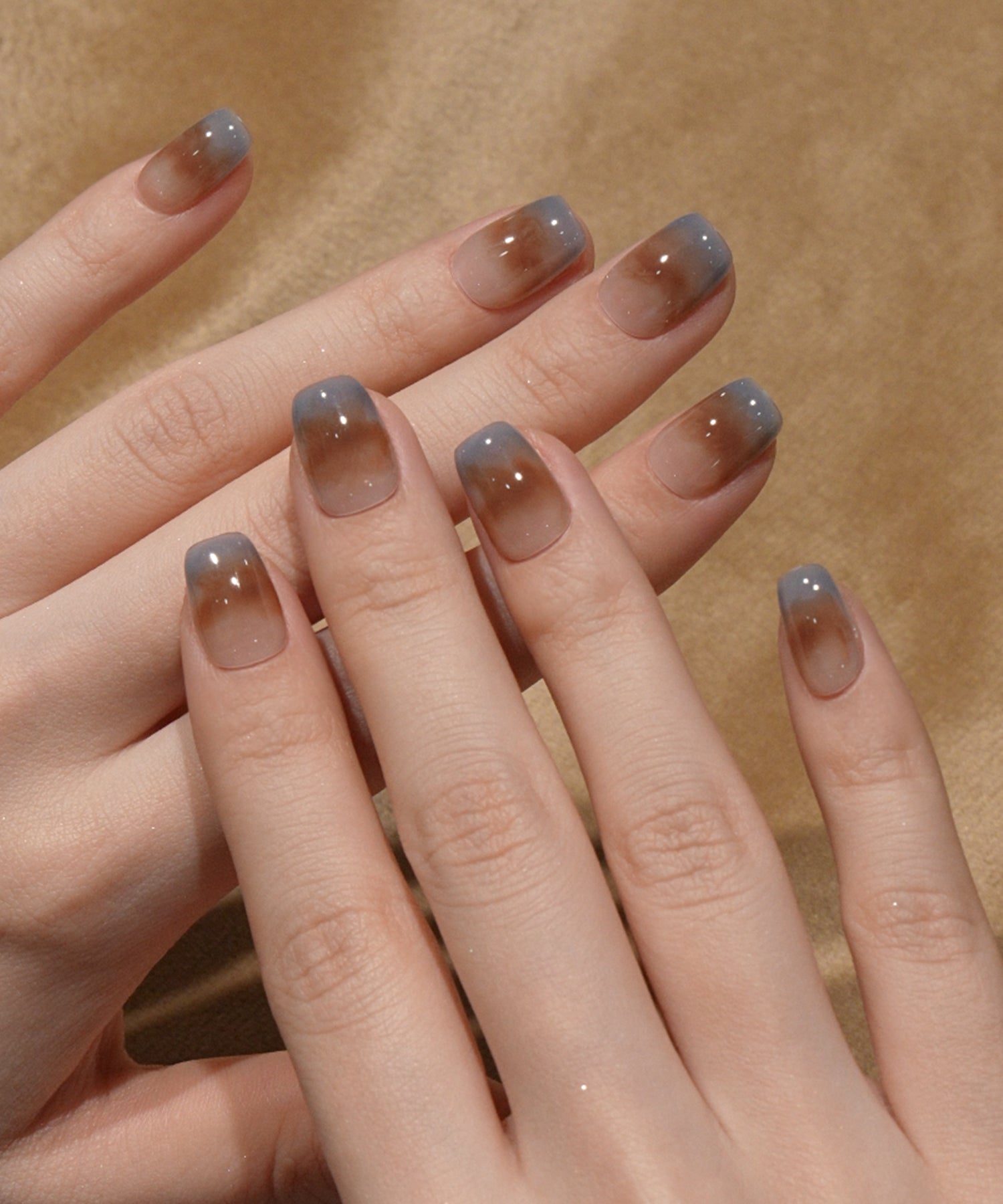 【予約販売】水光ネイルブルーブラウンインクグラデーションニュアンススクエアネイルチップ