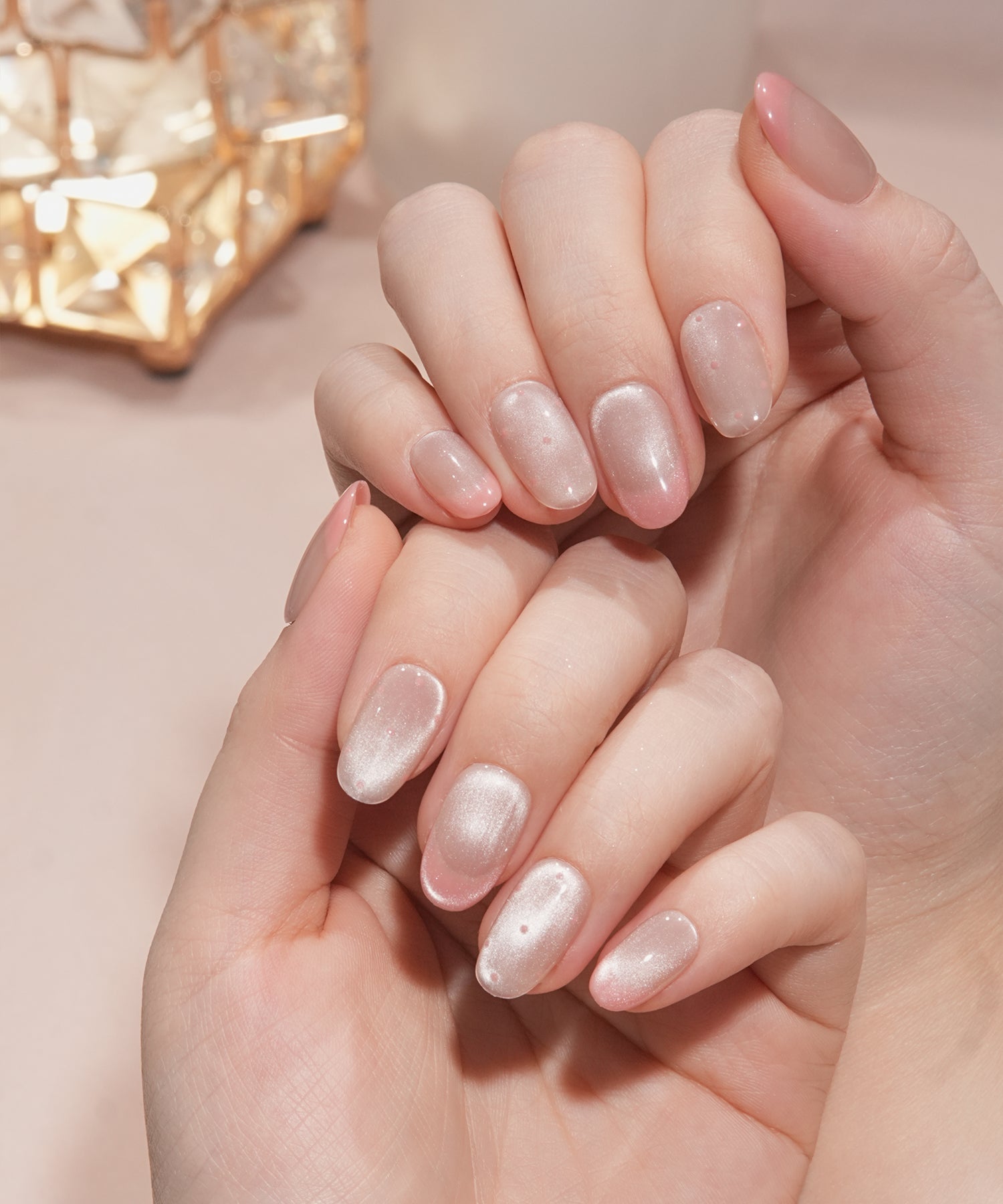 【一部当日発送】水光ネイルピンクマグネットフレンチドットオーバルネイルチップ