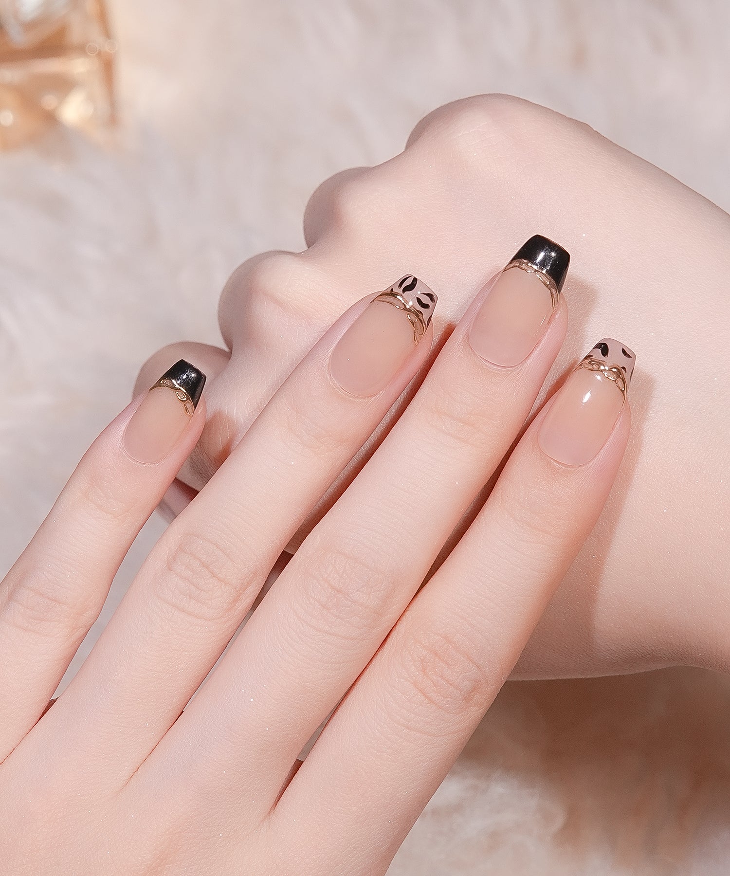 【一部当日発送】水光ネイルベージュブラックフレンチレオパードミラーラインバレリーナネイルチップ