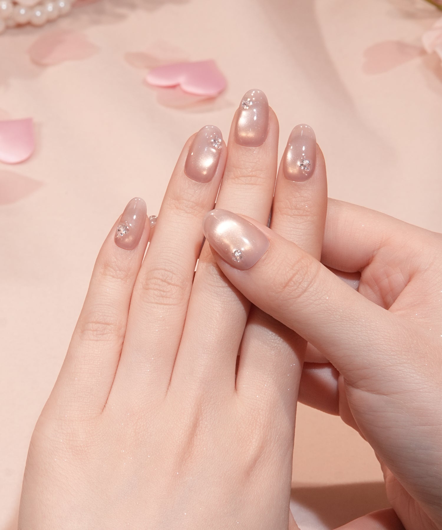 【バレンタイン限定デザイン】水光ネイルピンクマグネットワンカラーフラワーライクストーンオーバルネイルチップ