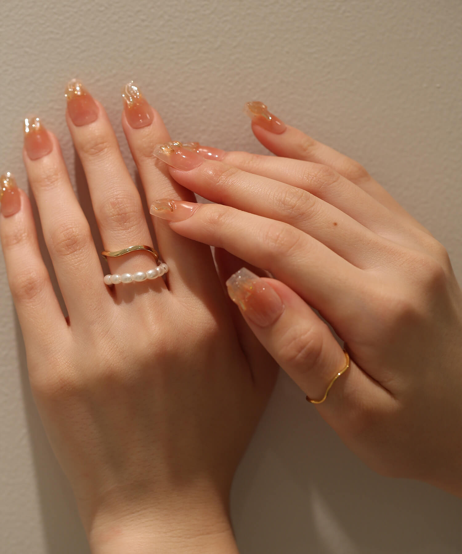 【当日発送】水光ネイルピンクオレンジチークストーンワンホンバレリーナネイルチップ