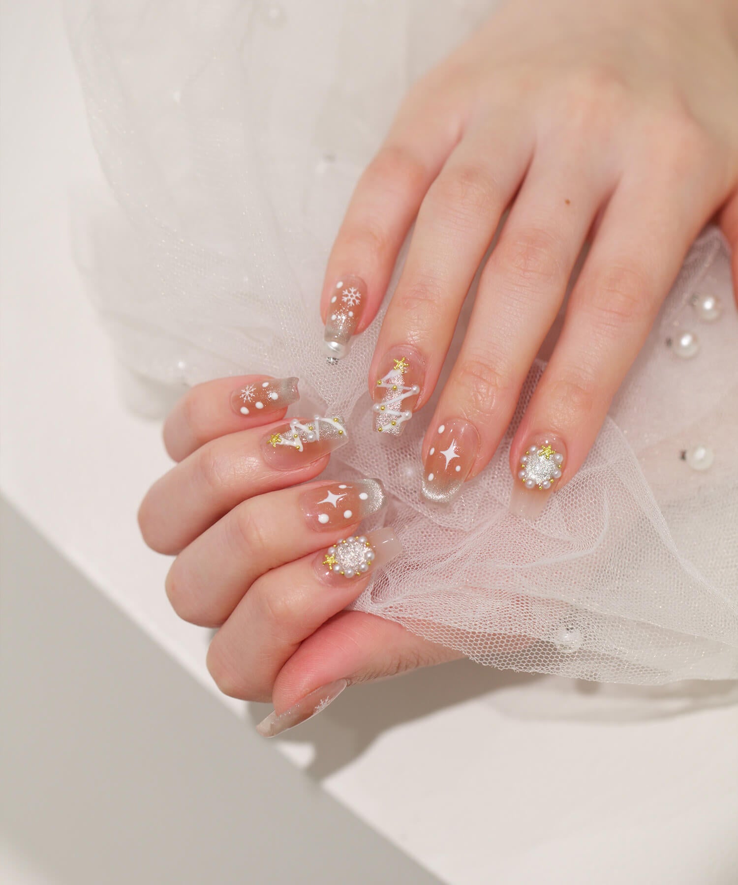 【当日発送】水光ネイルマグネットフレンチツリースノーパールクリスマスバレリーナネイルチップ