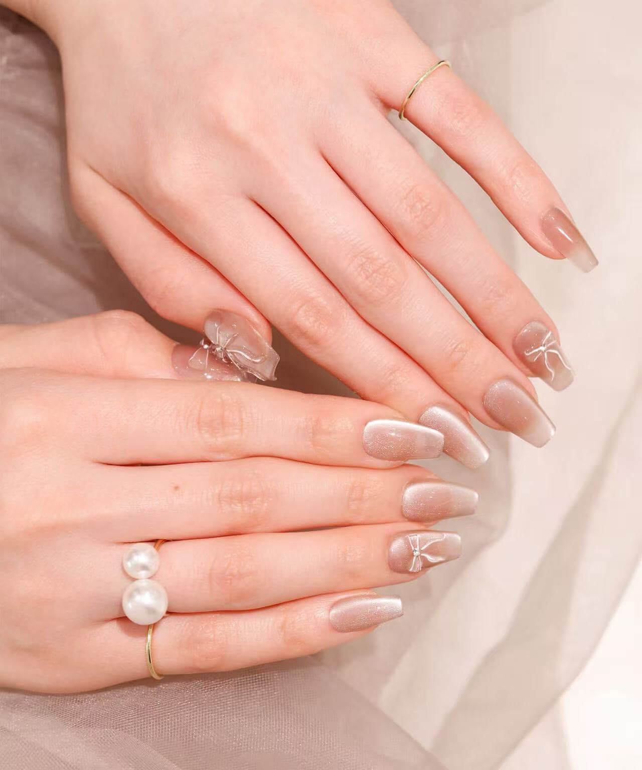 【当日発送】水光ネイルベージュマグネット3Dリボンアートバレリーナネイルチップ