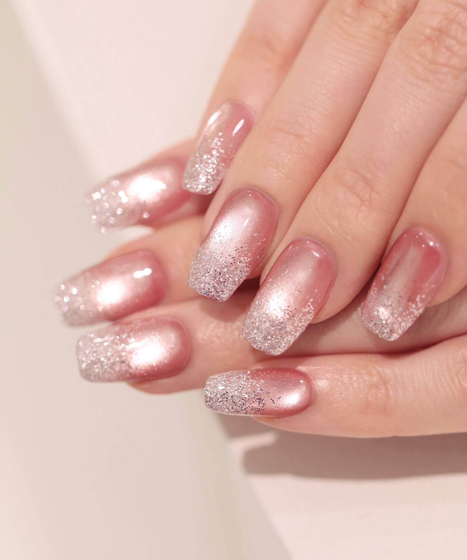 【一部当日発送】水光ネイルピンクシルバーラメグラデーションスクエアネイルチップ