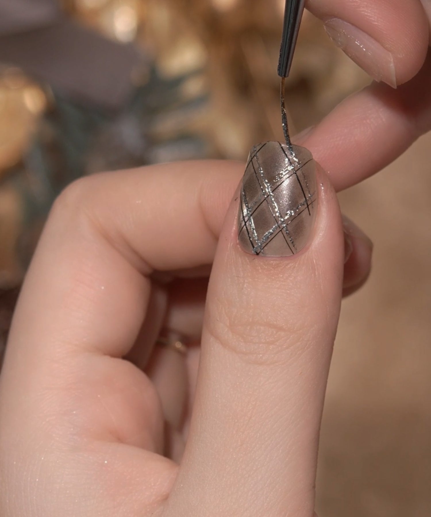 【当日発送】水光ネイルベージュマグネットグレーアーガイルショートスクエアネイルチップ